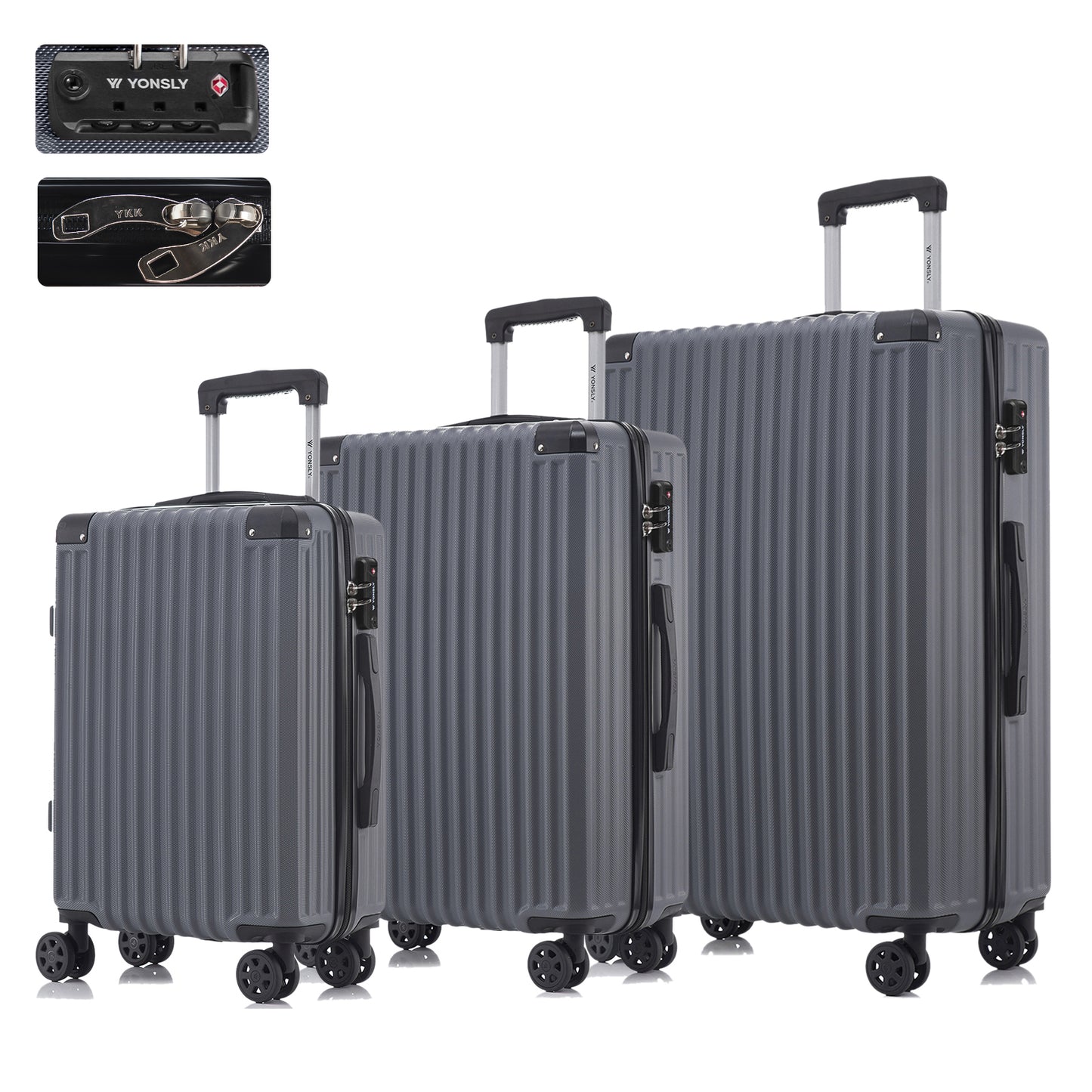 Reisekoffer-Set mit 3 Hartschalen-Trolleys in Grau, gerippt, mit 4 Rollen und TSA-Schloss