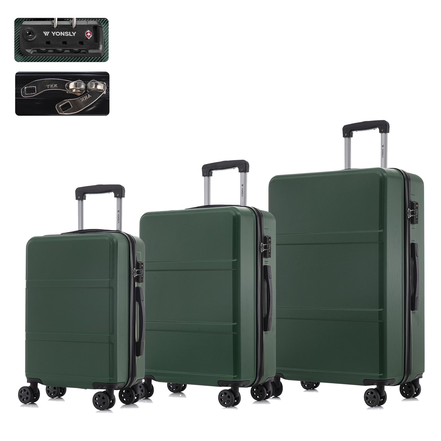 YONSLY® Hartschalen-Trolley-Set mit TSA-Schloss, drei Koffer mit 4 Rollen, dunkelgrün