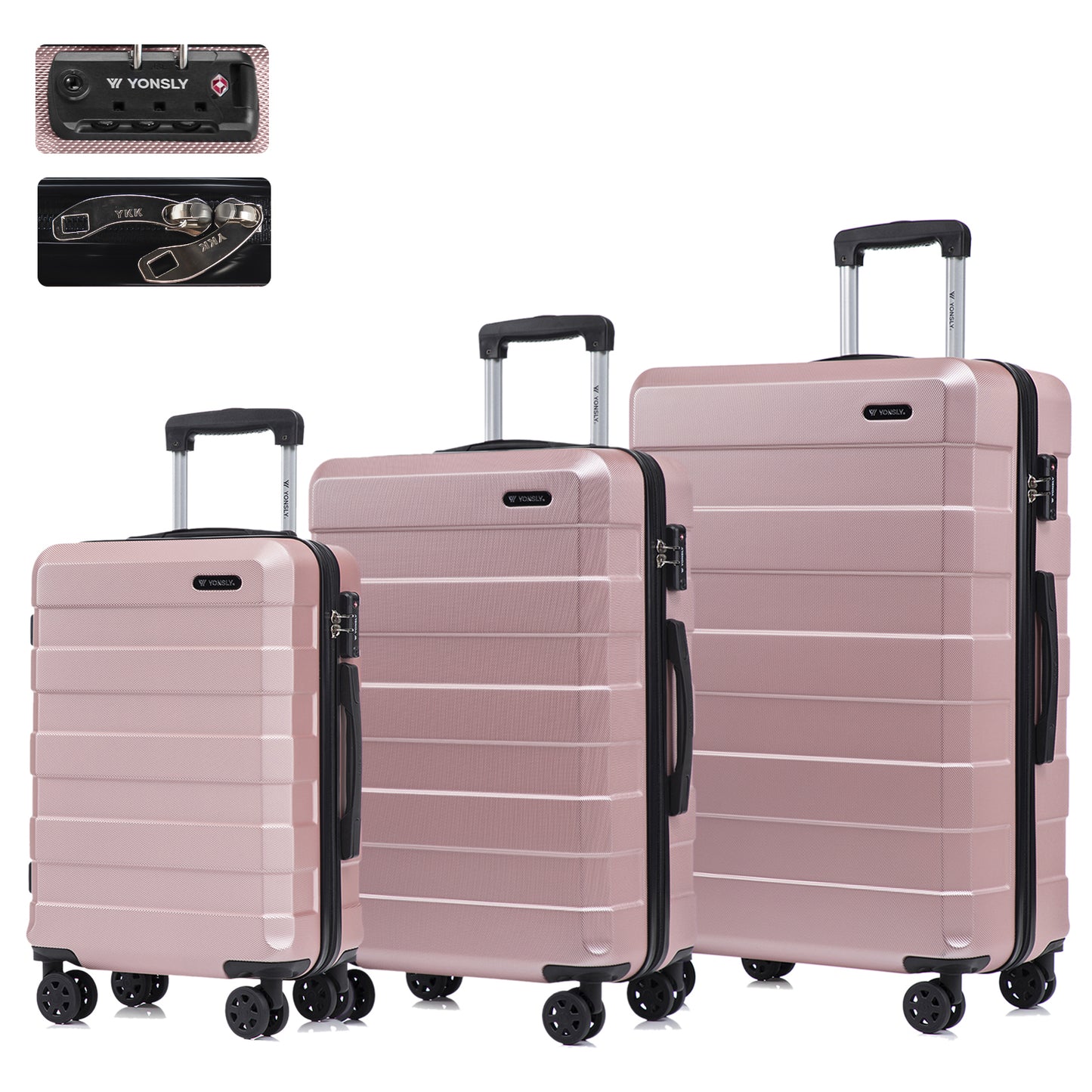 Hartschalen-Koffer-Set mit TSA-Schloss, 4 Rollen und ausziehbarem Trolleygriff, roségold