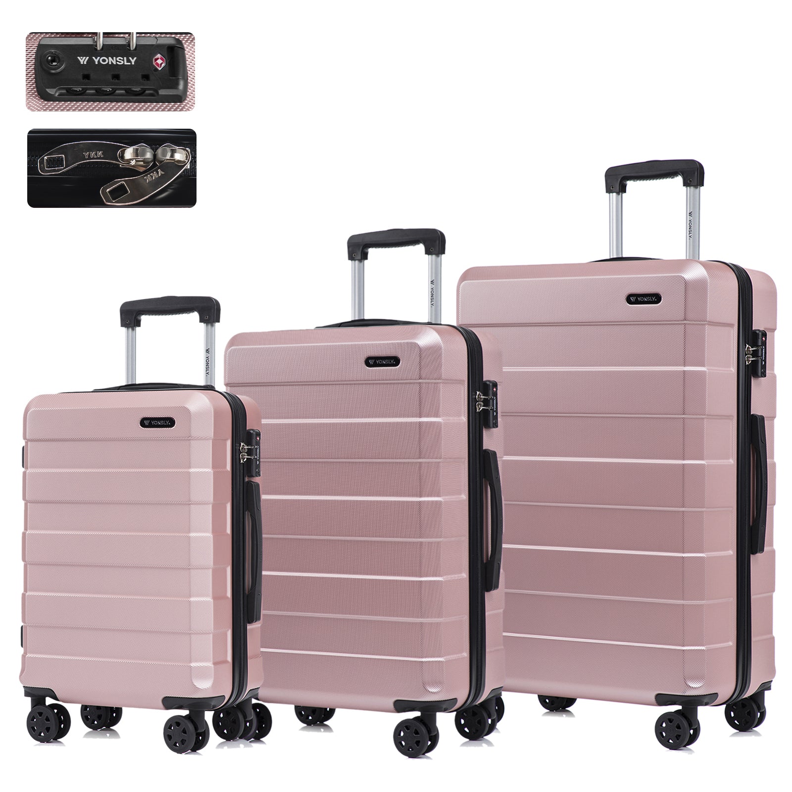Hartschalen-Koffer-Set mit TSA-Schloss, 4 Rollen und ausziehbarem Trolleygriff, roségold
