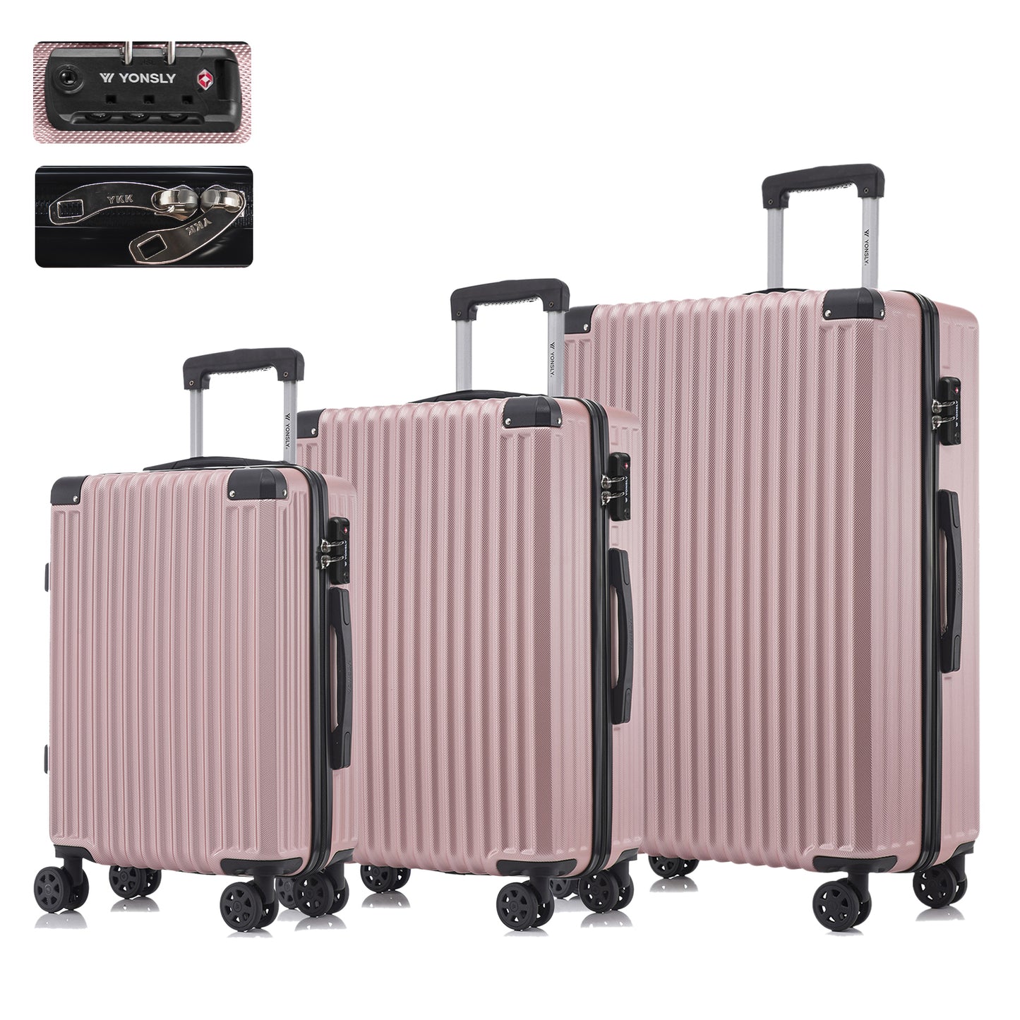 Reisekoffer-Set mit 3 Hartschalen-Trolleys in Roségold, gerippt, mit 4 Rollen und TSA-Schloss