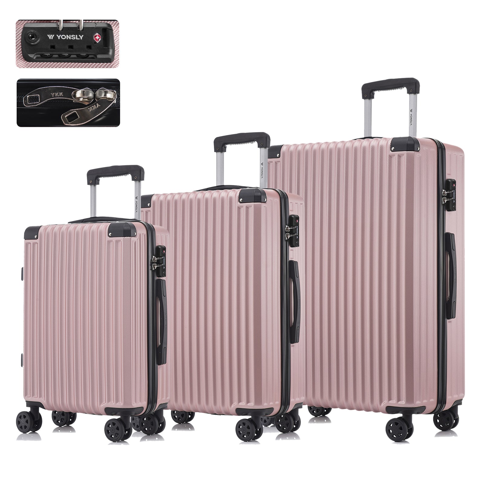 Reisekoffer-Set mit 3 Hartschalen-Trolleys in Roségold, gerippt, mit 4 Rollen und TSA-Schloss