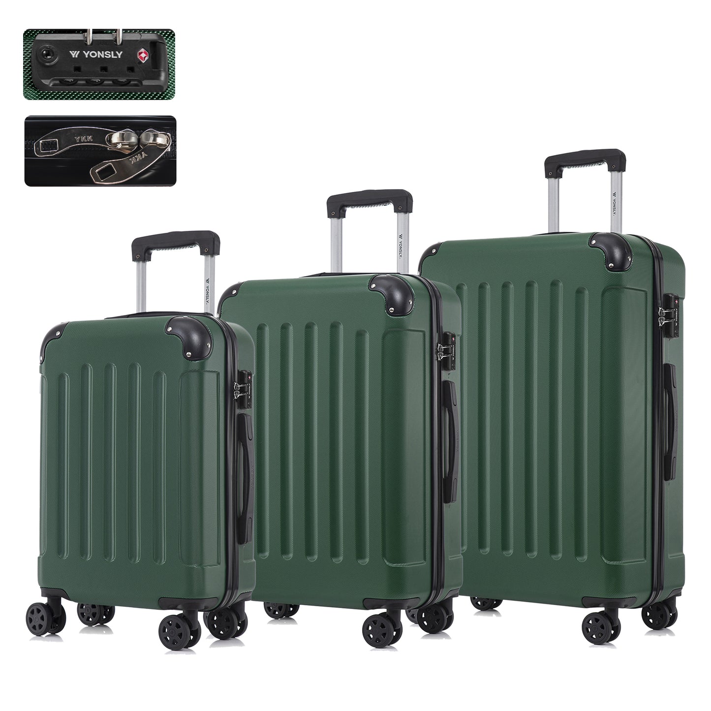 Hartschalen-Reisekoffer-Set mit TSA-Schloss, 3 Trolleys in Dunkelgrün, 4 Rollen, Teleskopgriff