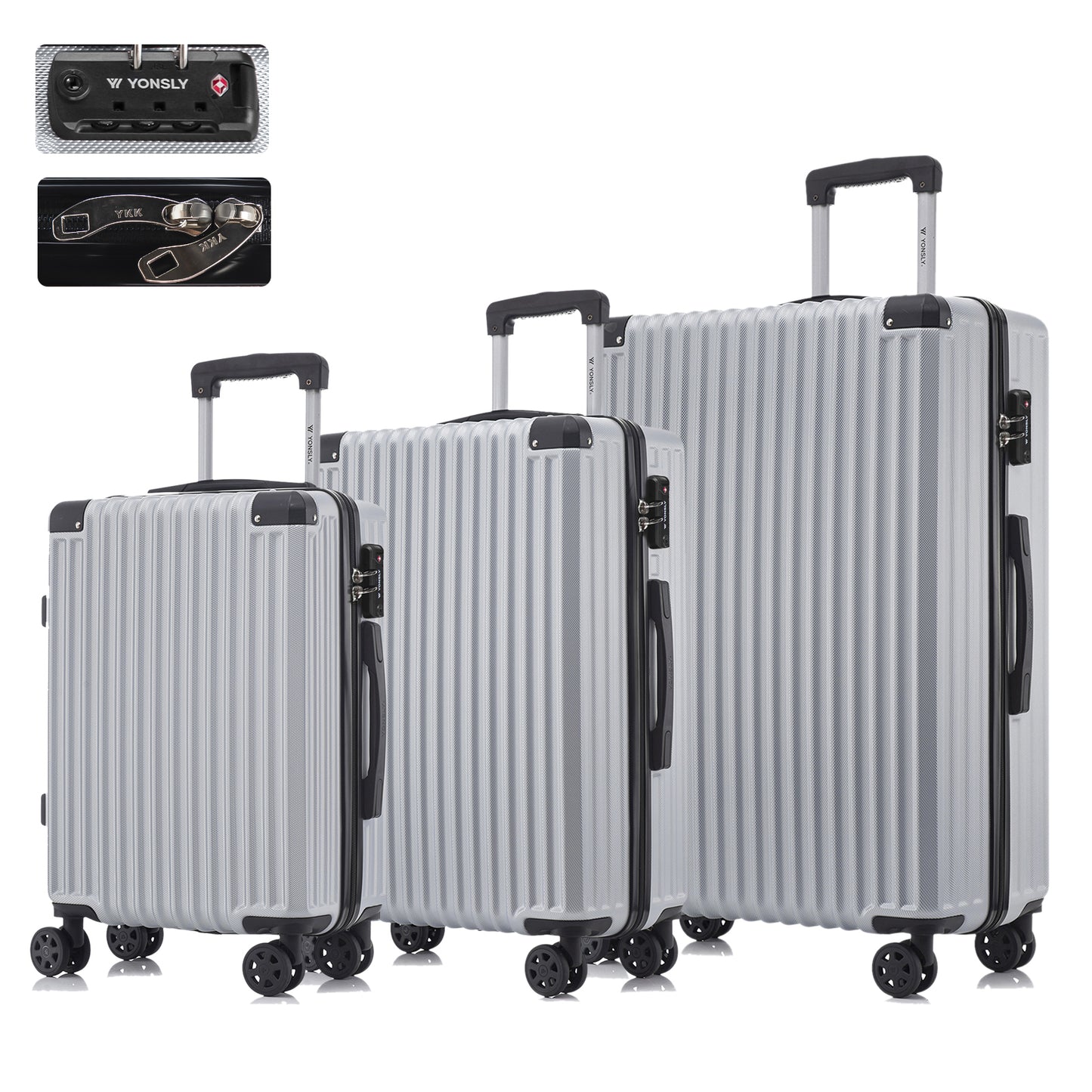Hardschalen-Trolley-Set mit 3 Koffern, silbernem Gestreiften Design, 4 Rollen, Teleskopgriff