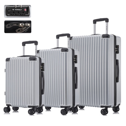 Hardschalen-Trolley-Set mit 3 Koffern, silbernem Gestreiften Design, 4 Rollen, Teleskopgriff