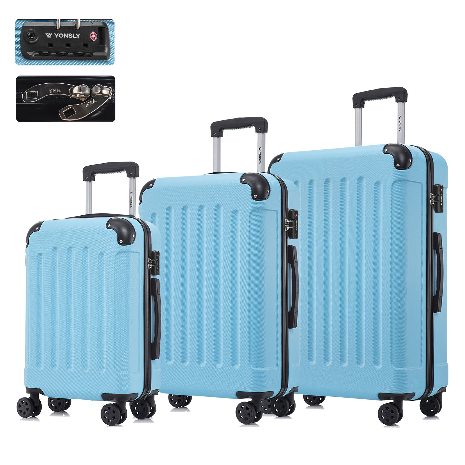 Reisekofferset mit Hartschale, TSA-Schloss, 4 Rollen und Trolleygriff, azurblau