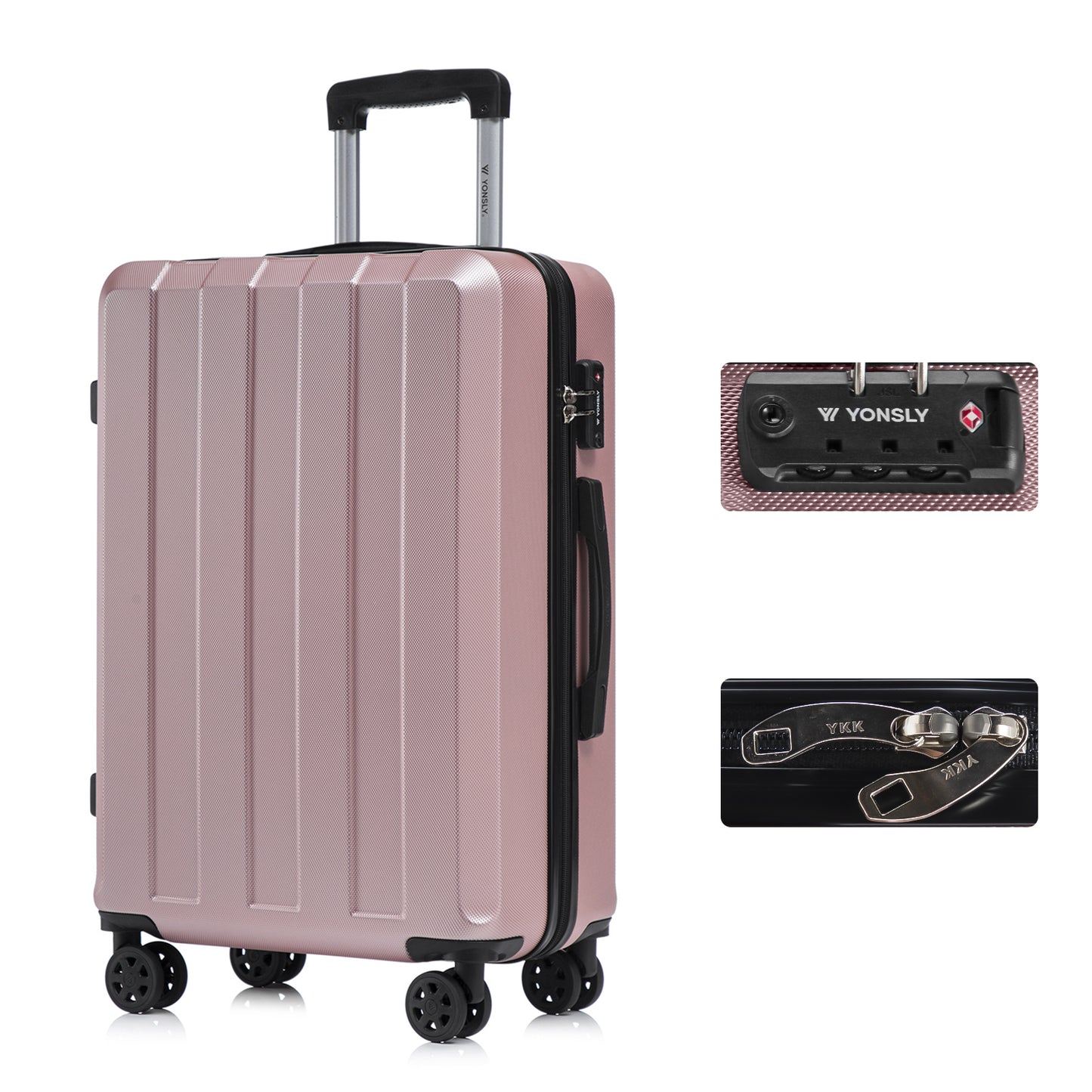 Hartschalen-Reisekoffer in Roségold, Seitenansicht, mit Trolleygriff, TSA-Schloss, 4 Rollen