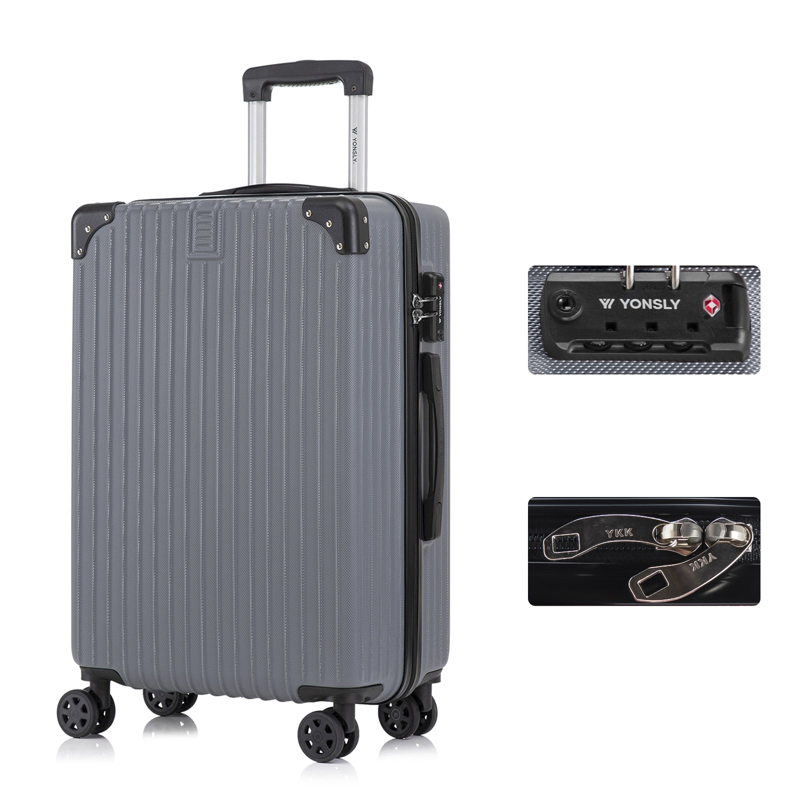 Hartschalen-Trolley mit 4 Rollen, grauer Koffer mit TSA-Schloss und Griff