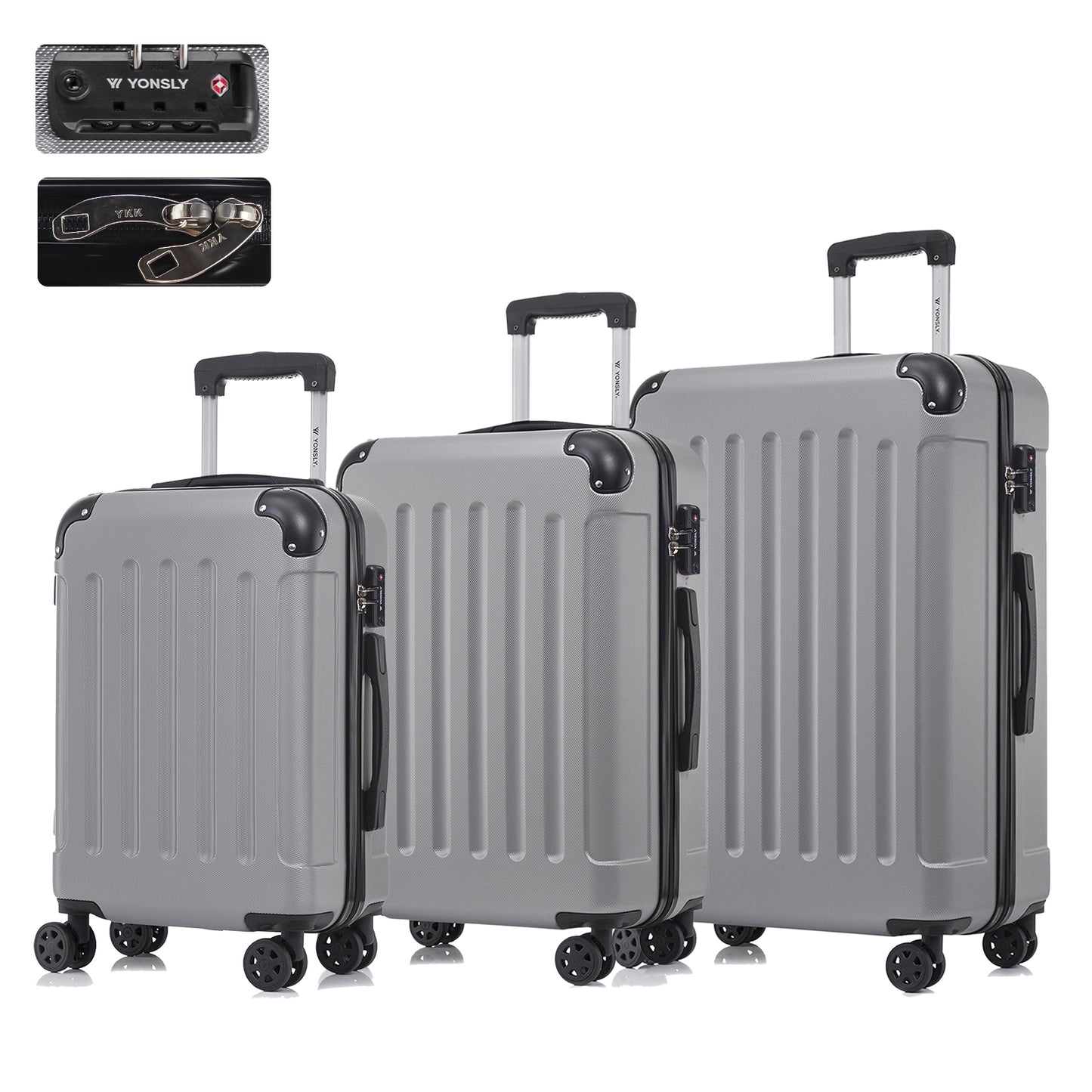 Hartschalen-Reisekoffer-Set mit TSA-Schloss, 3 Trolleys in Grau, 4 Rollen, Teleskopgriff