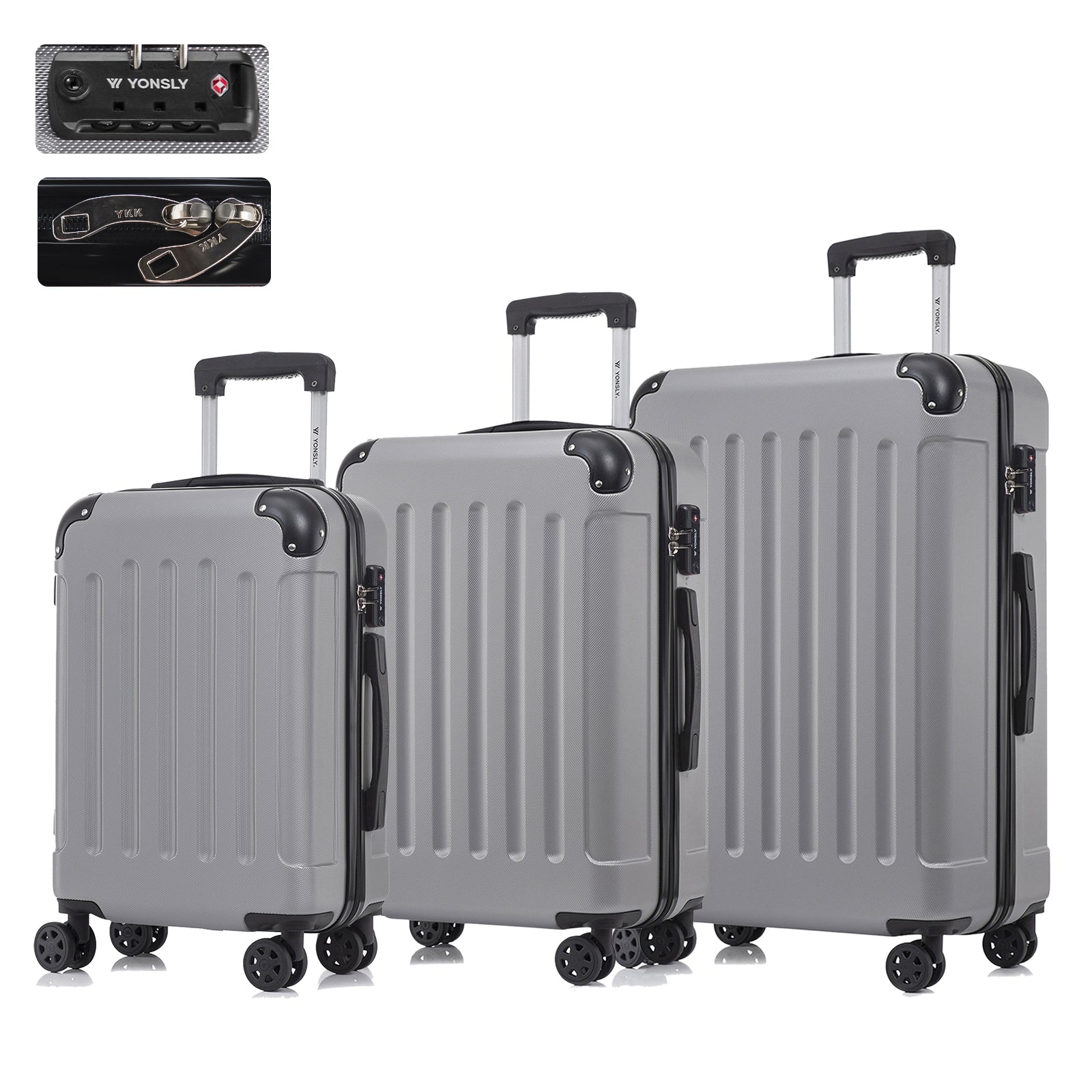 Hartschalen-Reisekoffer-Set mit TSA-Schloss, 3 Trolleys in Grau, 4 Rollen, Teleskopgriff