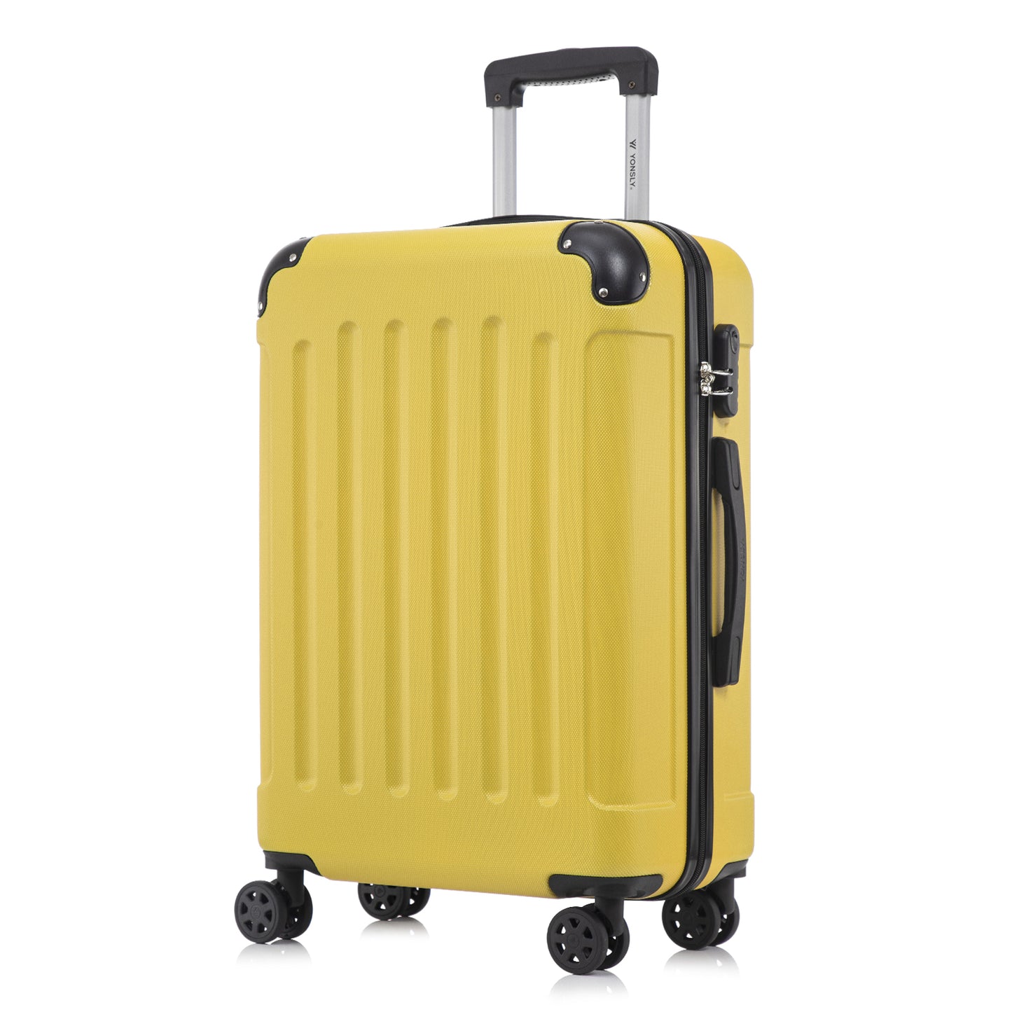 YONSLY® Rollkoffer mit Hartschale, gelber Farbe, 4 Rollen, Seitenansicht mit Griff und Kanten