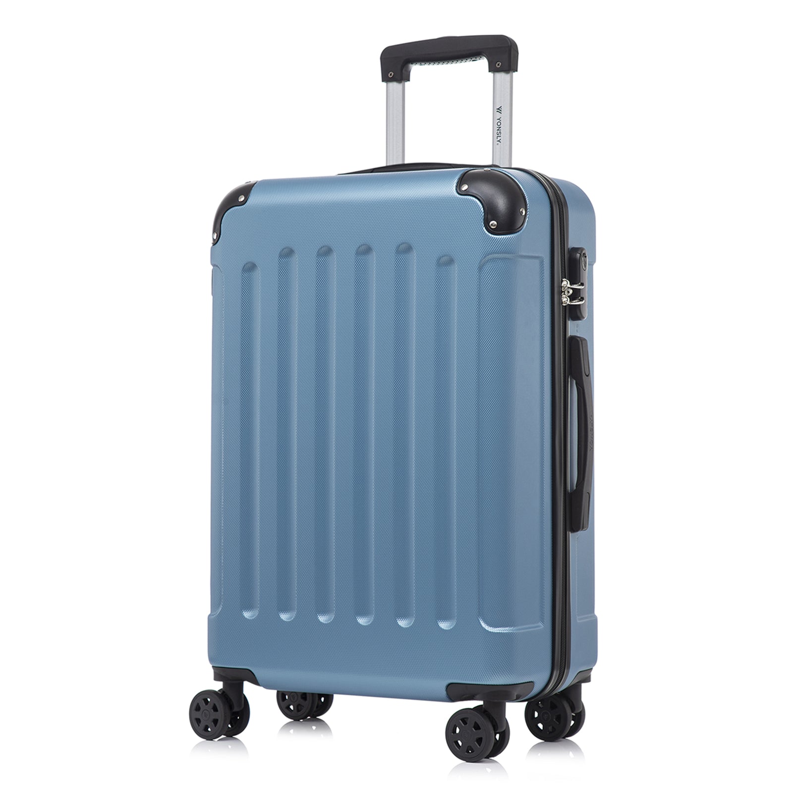 Reisekoffer mit Hartschale, Trolleygriff und 4 Rollen, hellblauer Korpus, seitlicher Schließriegel