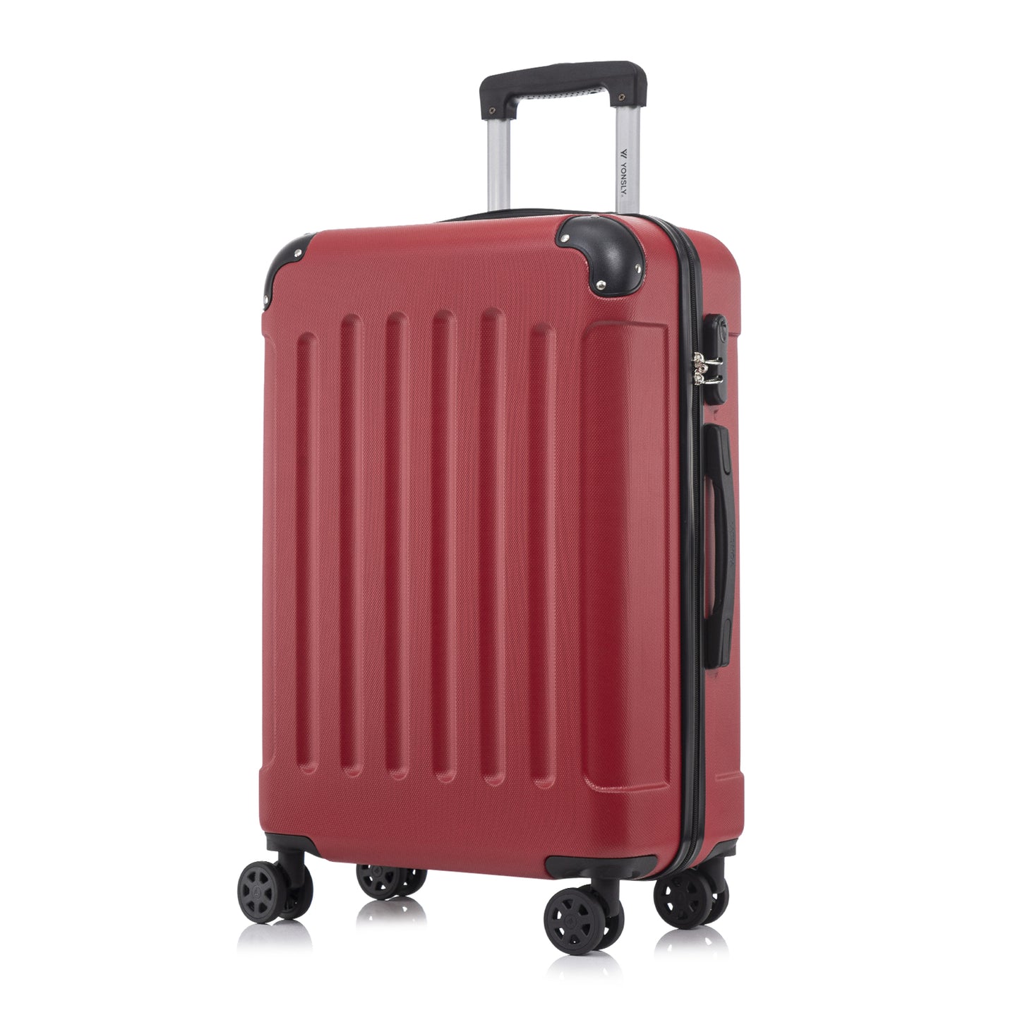 Weinroter Hartschalenkoffer mit 4 Rollen, Teleskopgriff und seitlicher Verschlusskappe