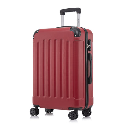 Weinroter Hartschalenkoffer mit 4 Rollen, Teleskopgriff und seitlicher Verschlusskappe