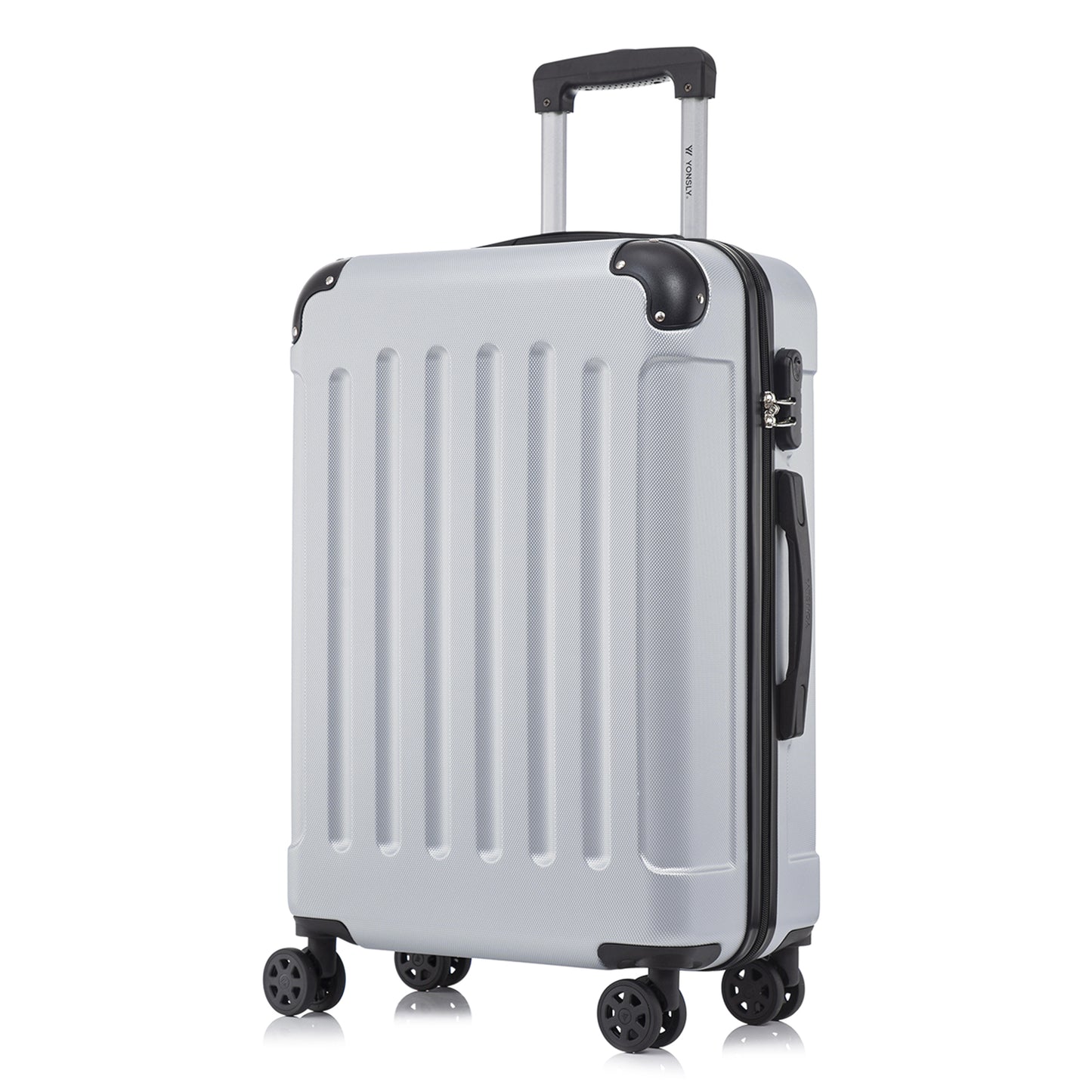 Rollkoffer mit Hartschale, weiß, 4 Rollen, Trolleygriff, Seitenansicht mit Schloss