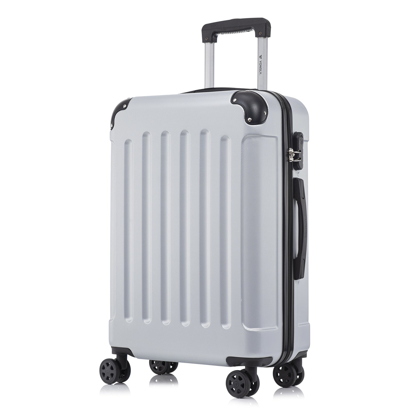 Rollkoffer mit Hartschale, weiß, 4 Rollen, Trolleygriff, Seitenansicht mit Schloss