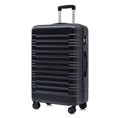 Schwarzer Rollkoffer mit geripptem Hartschalen-Design, Schlossbereich und 4 Rollen.