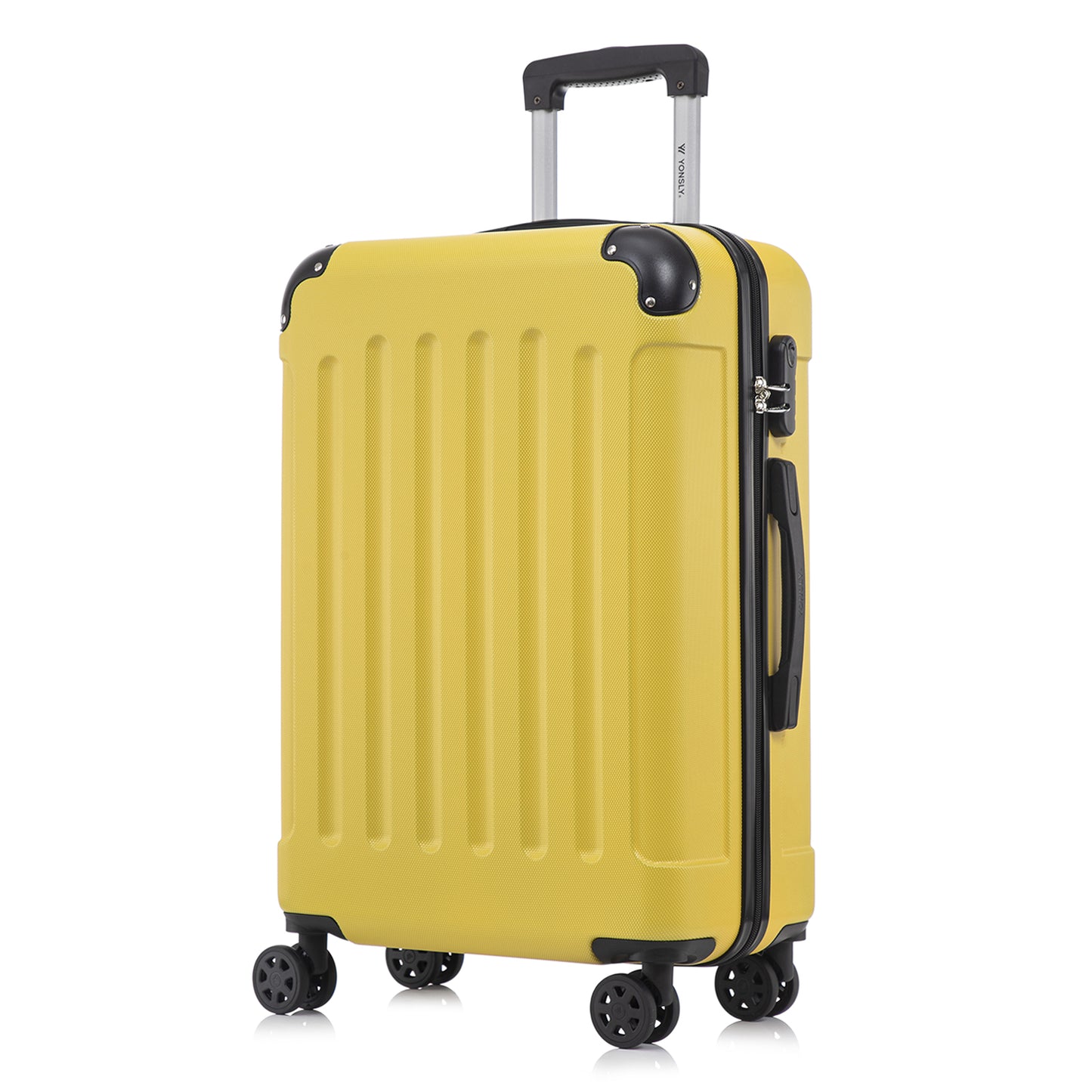 Hartschalen-Trolley mit 4 Rollen, gelber Korpus, Teleskopgriff und Seitenschloss
