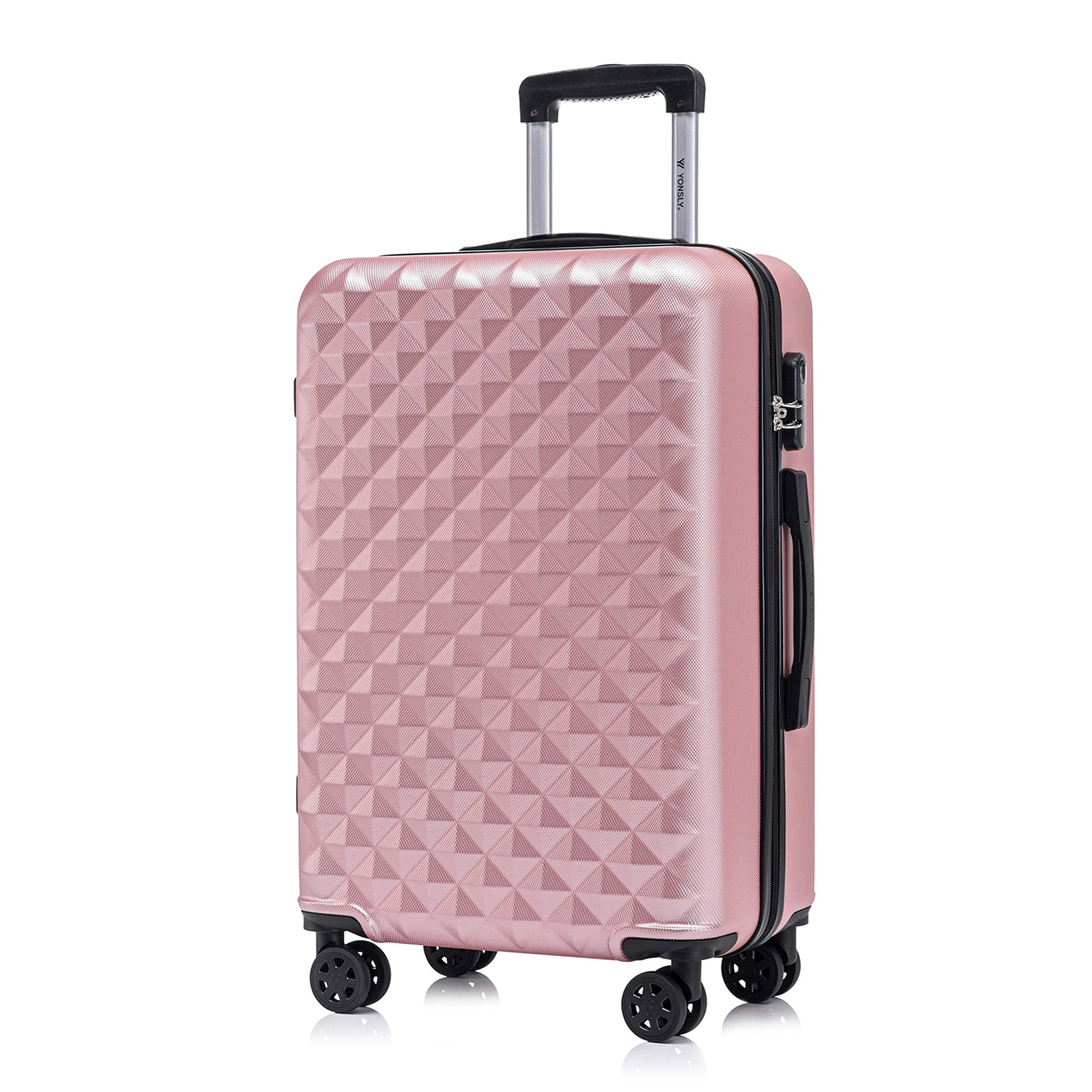 Kabinenkoffer Hartschale Roségold mit Dreiecks-Relief, Trolleygriff, 4 Rollen, seitlicher Schlossbügel