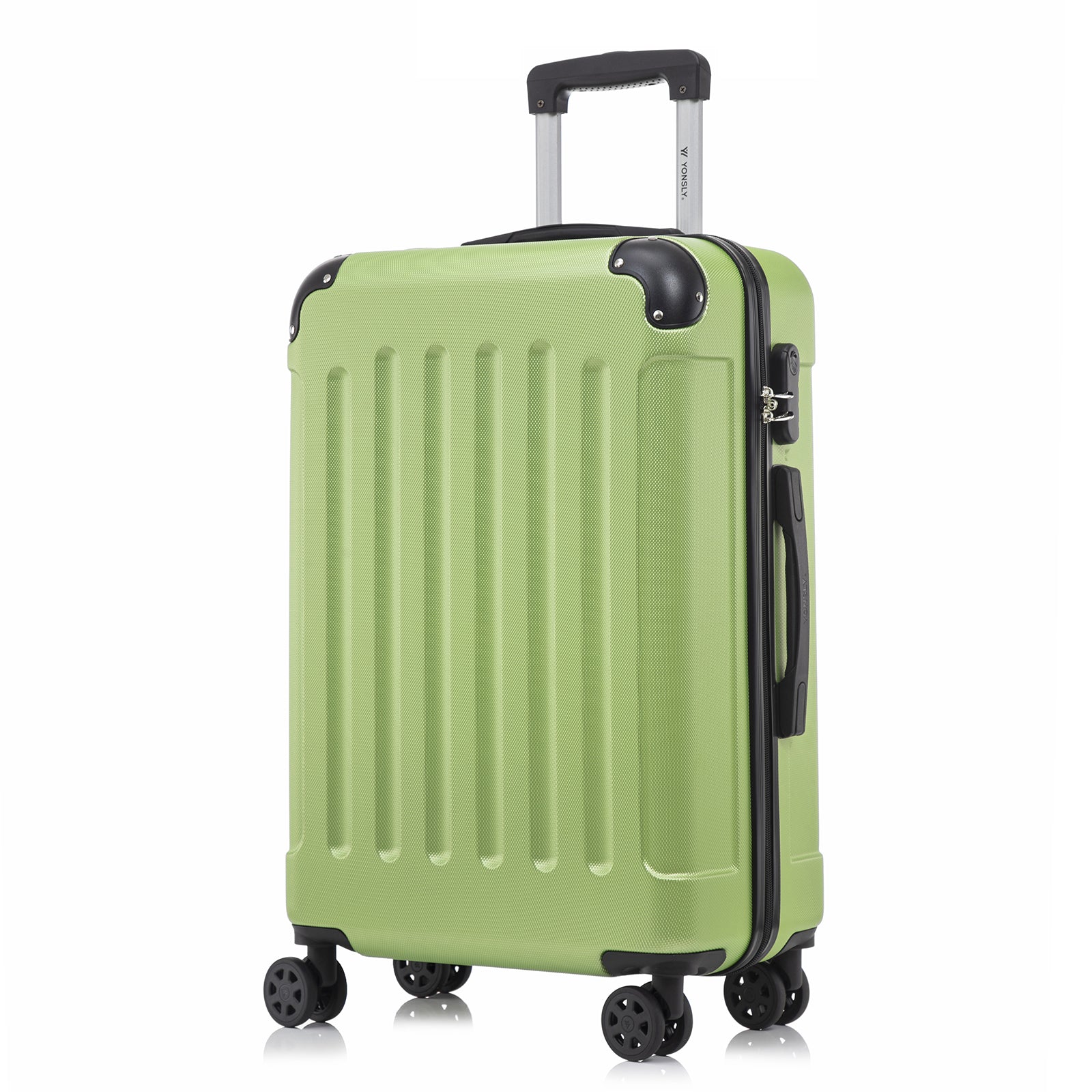 YONSLY® Rollkoffer mit 4 Rollen, grüne ABS-Hartschale, Seitenansicht mit Griff am Rand