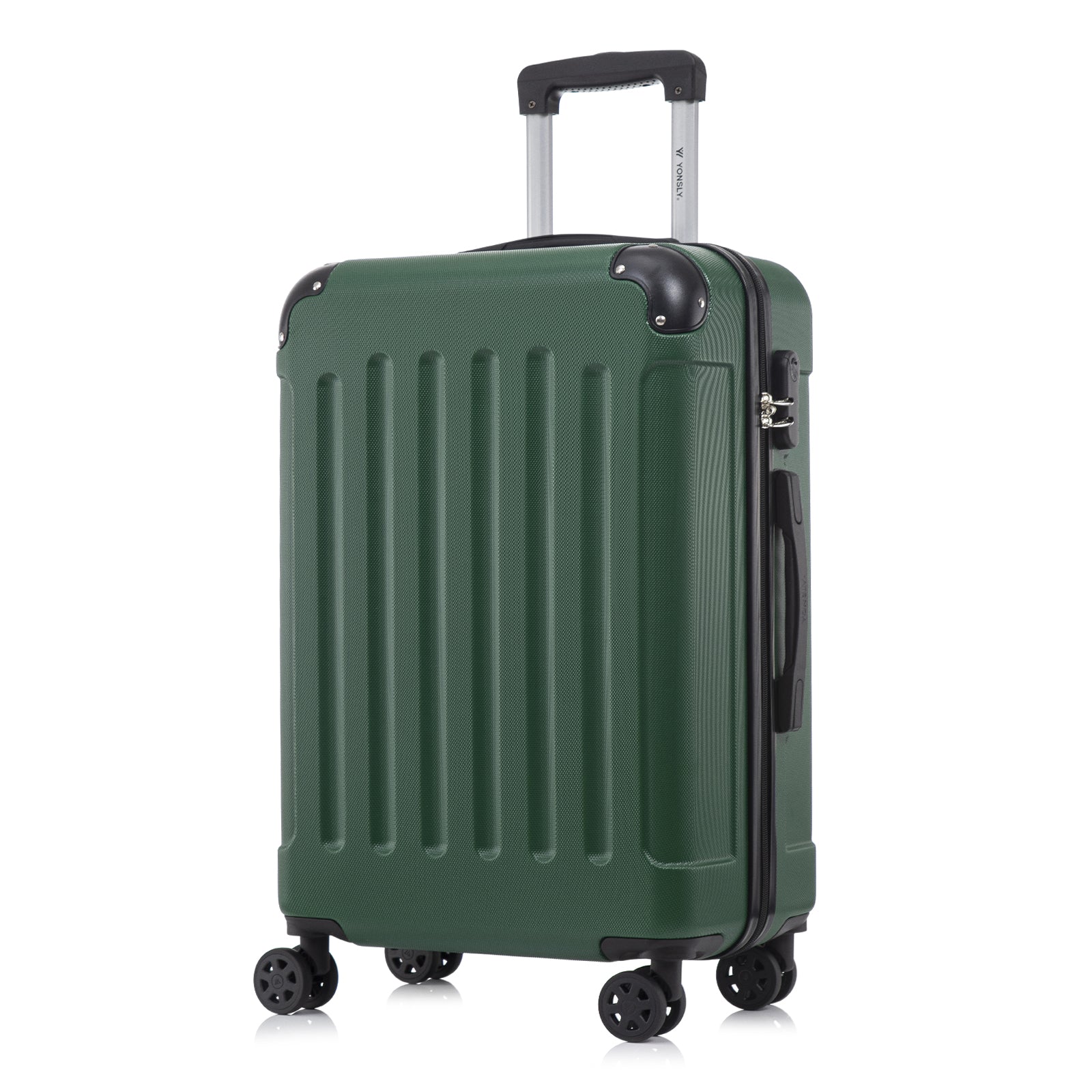Hartschalen-Trolley in Dunkelgrün, 4 Rollen, Teleskopgriff, gerippte Seitenfläche, Schloss