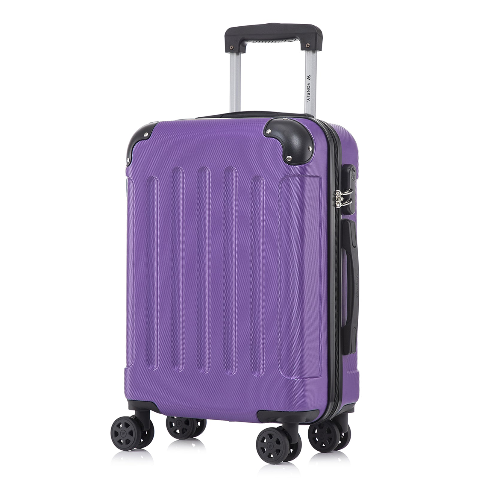YONSLY® Rollkoffer lila, Seitenansicht mit Trolleygriff, 4 Rollen und Sicherungsschloss