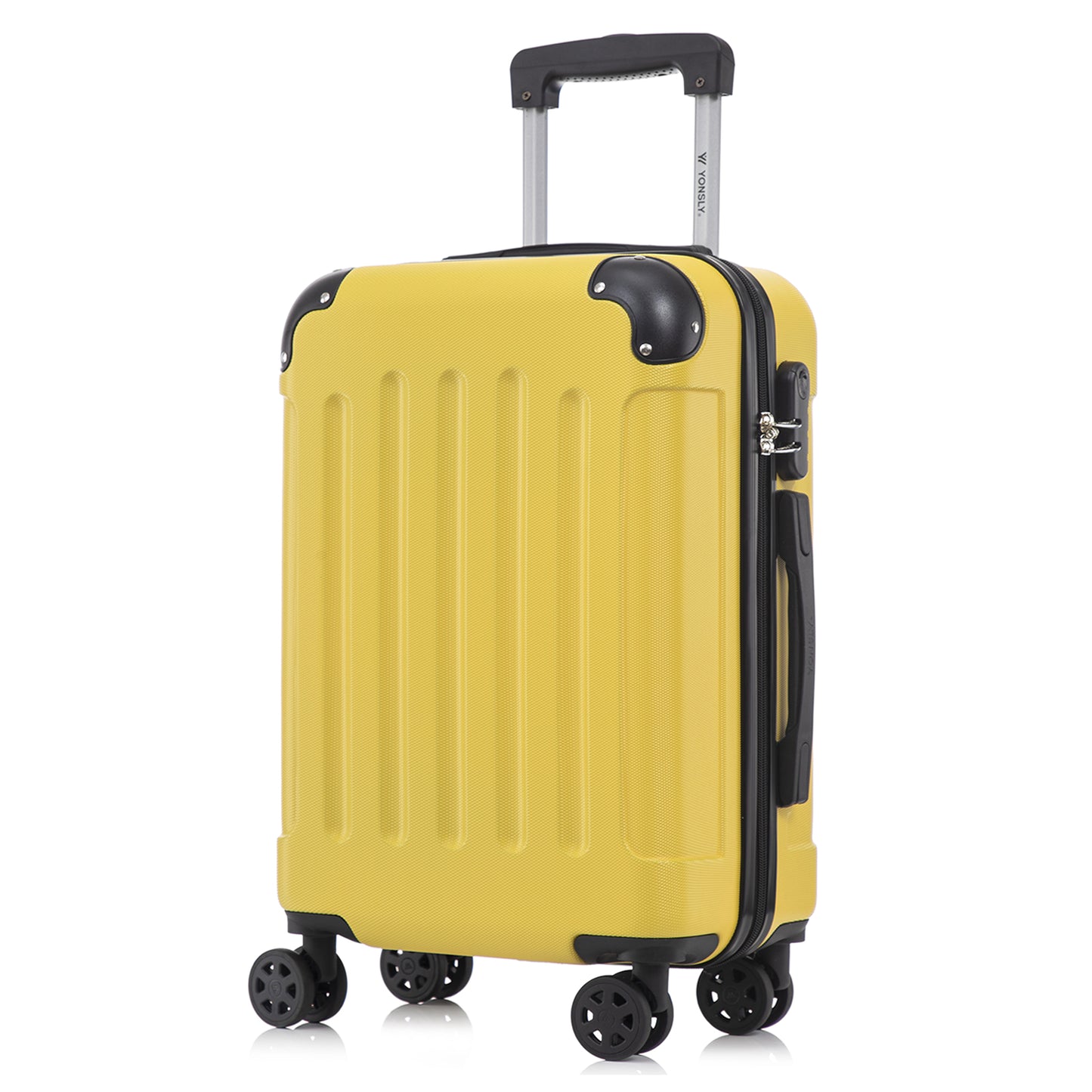 YONSLY® Rollkoffer gelb, Seitenansicht mit Trolleygriff und 4 Rollen