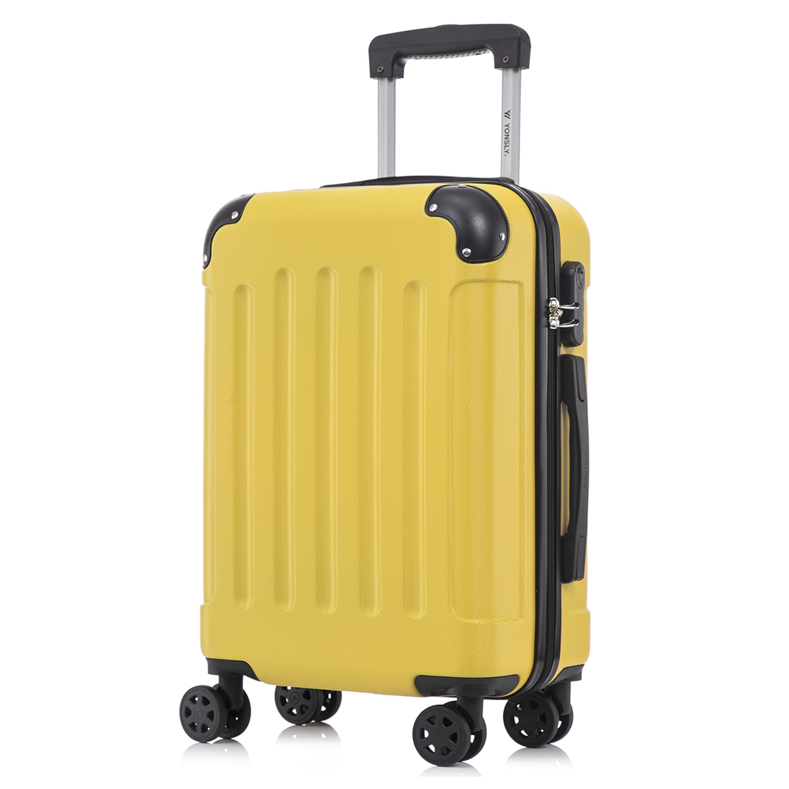 YONSLY® Rollkoffer gelb, Seitenansicht mit Trolleygriff und 4 Rollen