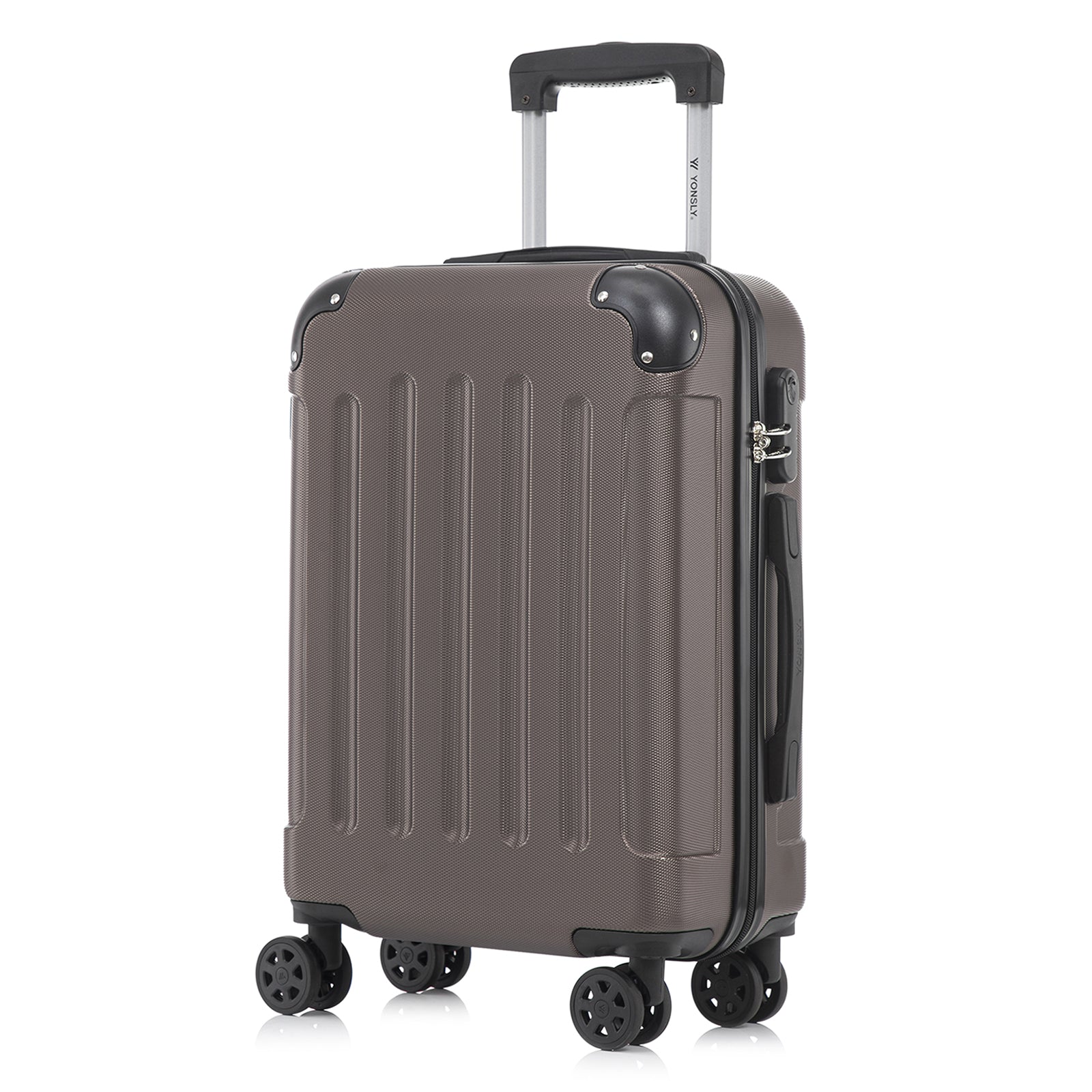 Reisekoffer mit Hartschale und 4 Rollen, dunkler brauner Look, seitlicher Griff am Korpus