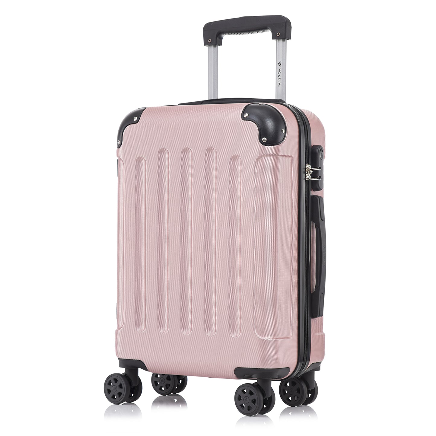 YONSLY® Rollkoffer mit 4 Rollen, rosafarbene ABS-Hartschale, Frontansicht mit Trolleygriff