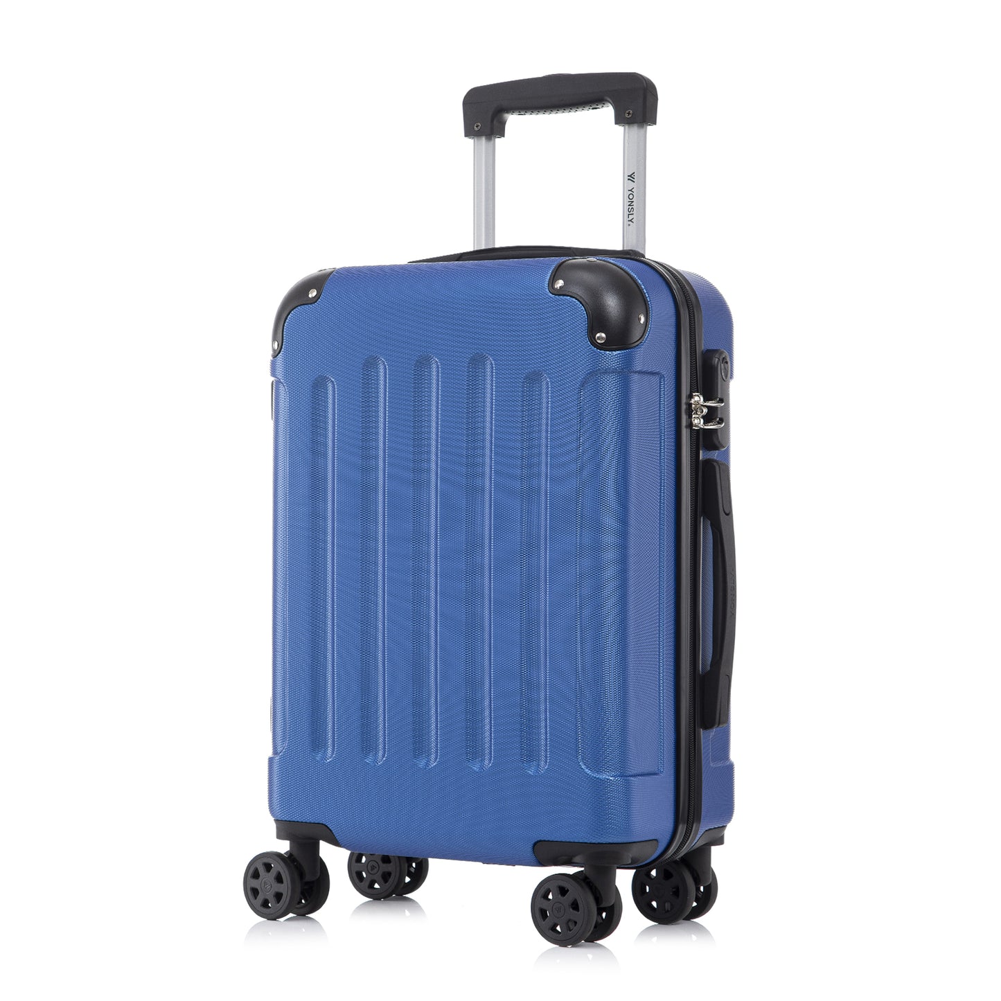 Blauer Rollkoffer mit geriffelter Hartschale, Trolleygriff und 4 Rollen