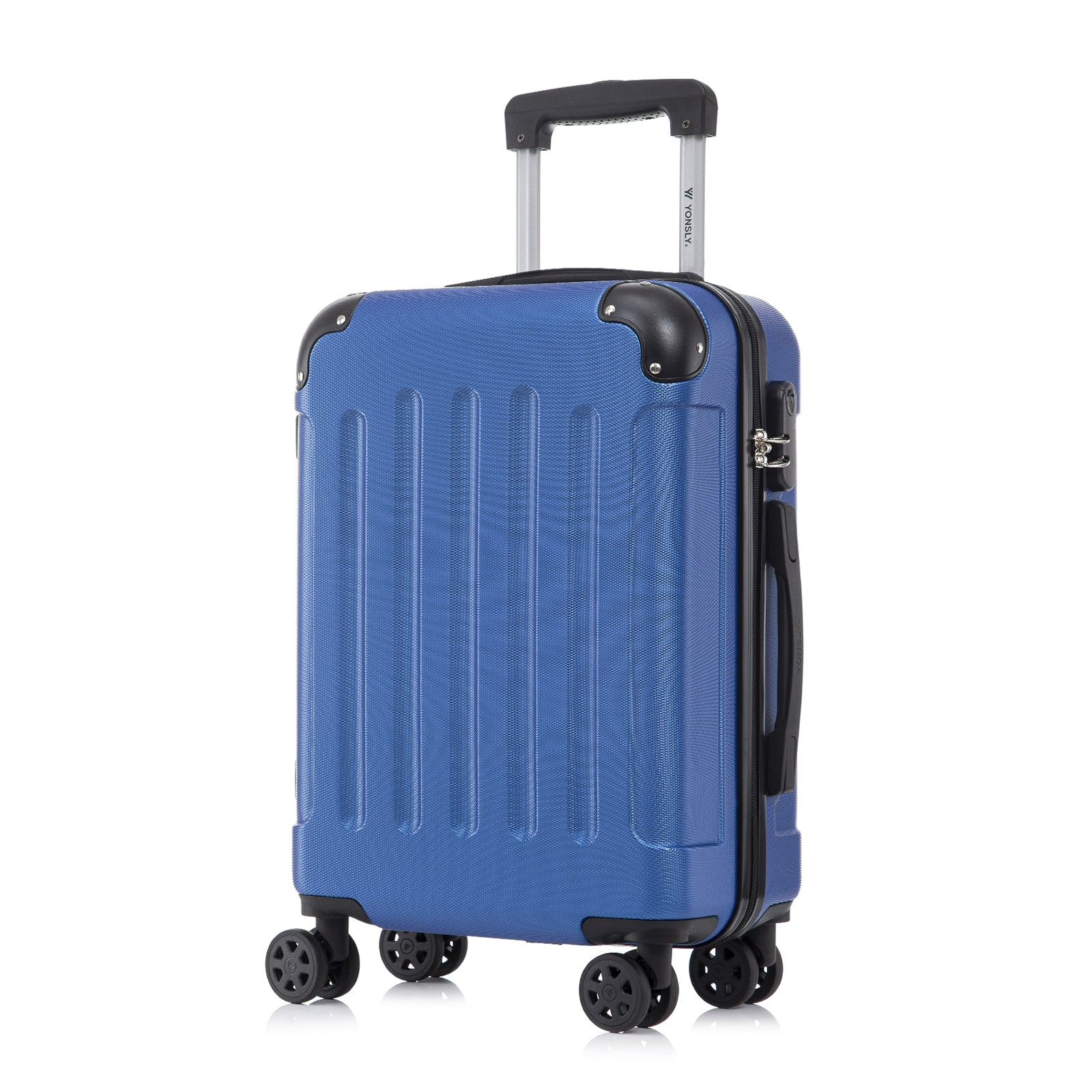 Blauer Rollkoffer mit geriffelter Hartschale, Trolleygriff und 4 Rollen