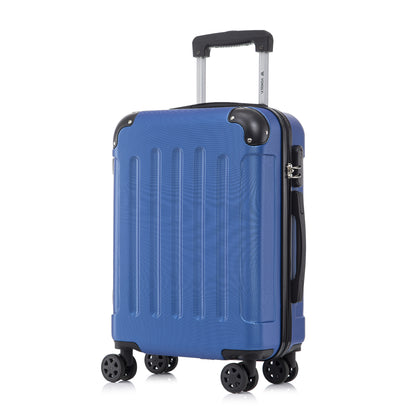Blauer Rollkoffer mit geriffelter Hartschale, Trolleygriff und 4 Rollen
