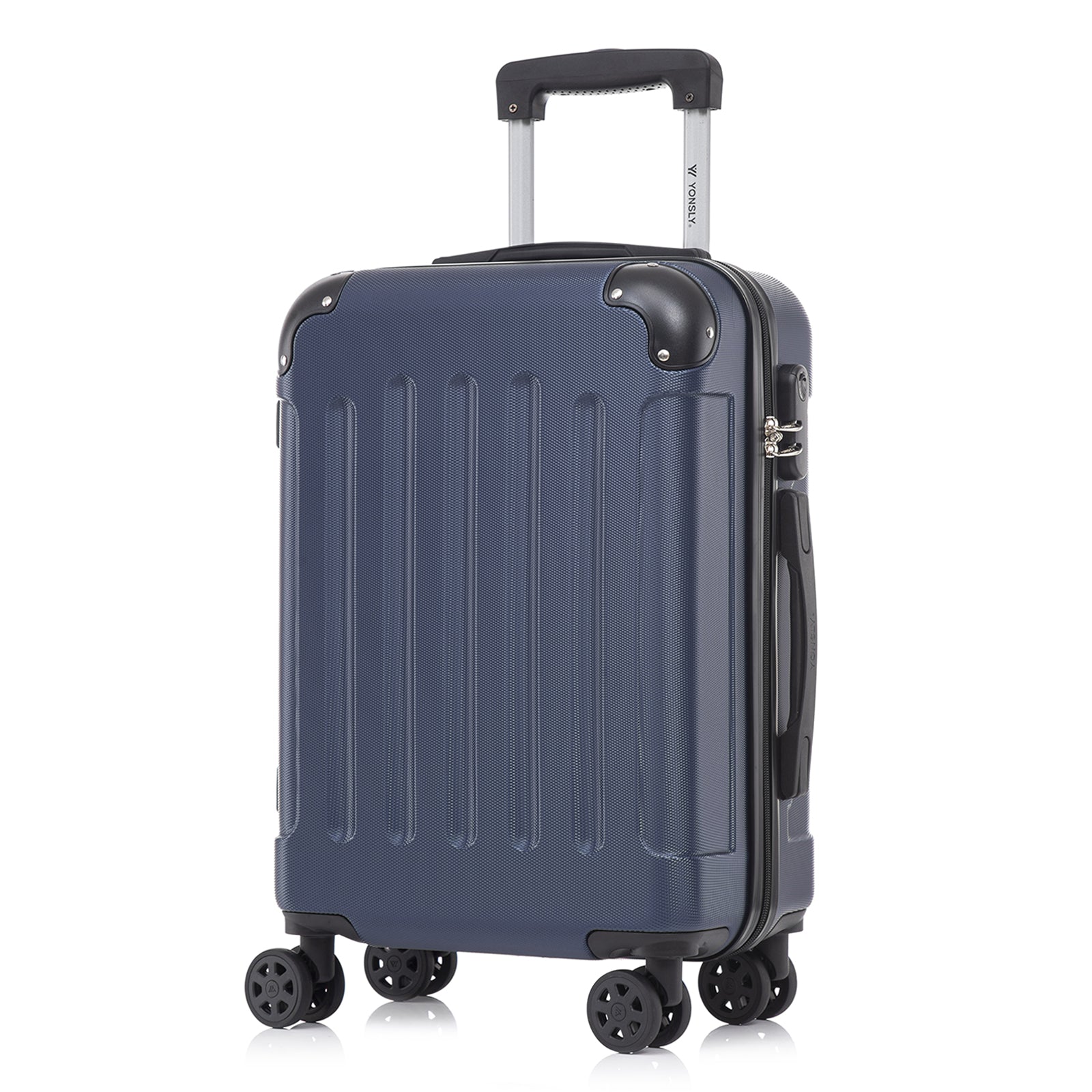 Trolley-Koffer seitlich mit Hartschale, Tragegriff oben und Rollenset, dunkelblau