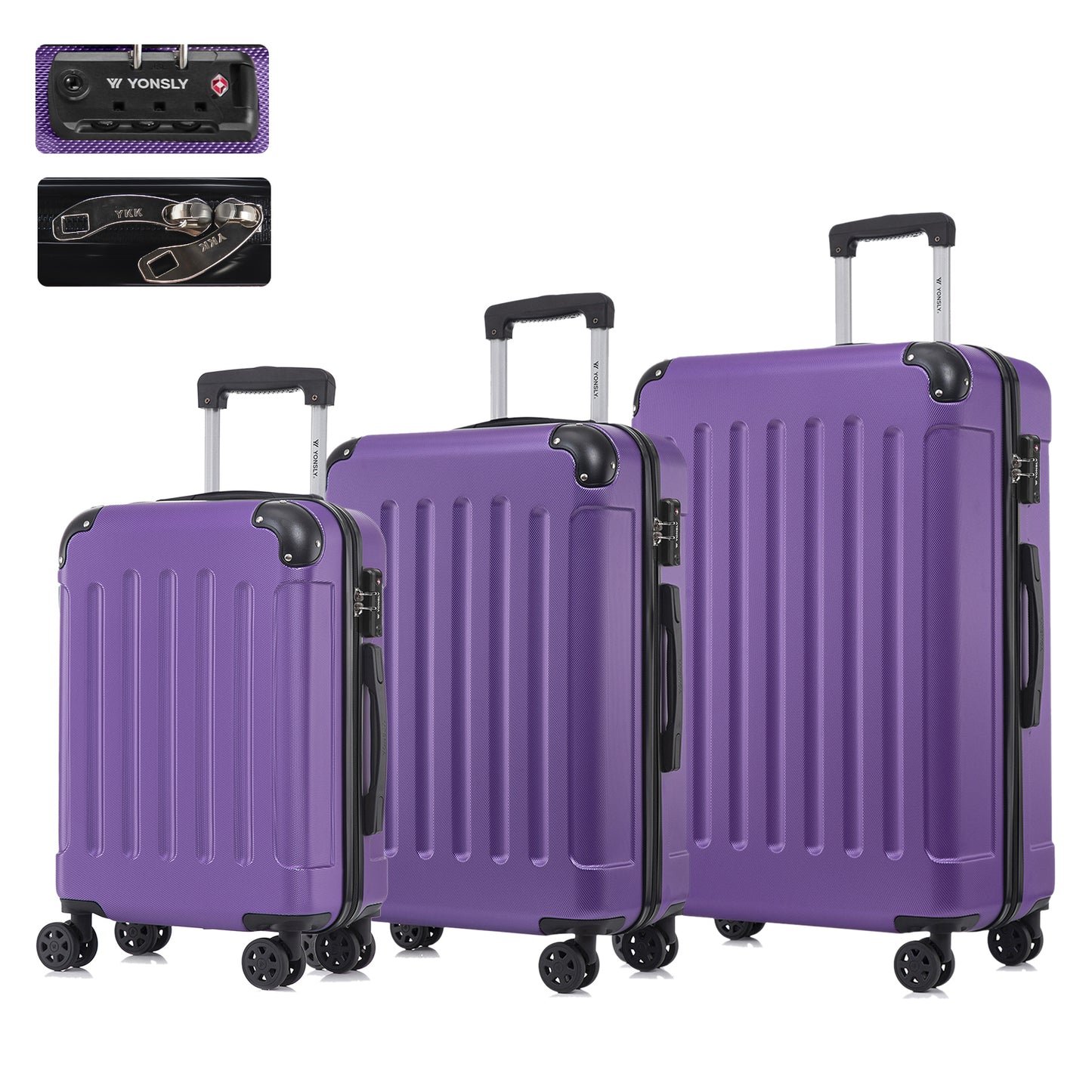 Hartschalen-Reisekoffer-Set mit TSA-Schloss, 3 Trolleys in Lila, 4 Rollen, Teleskopgriff