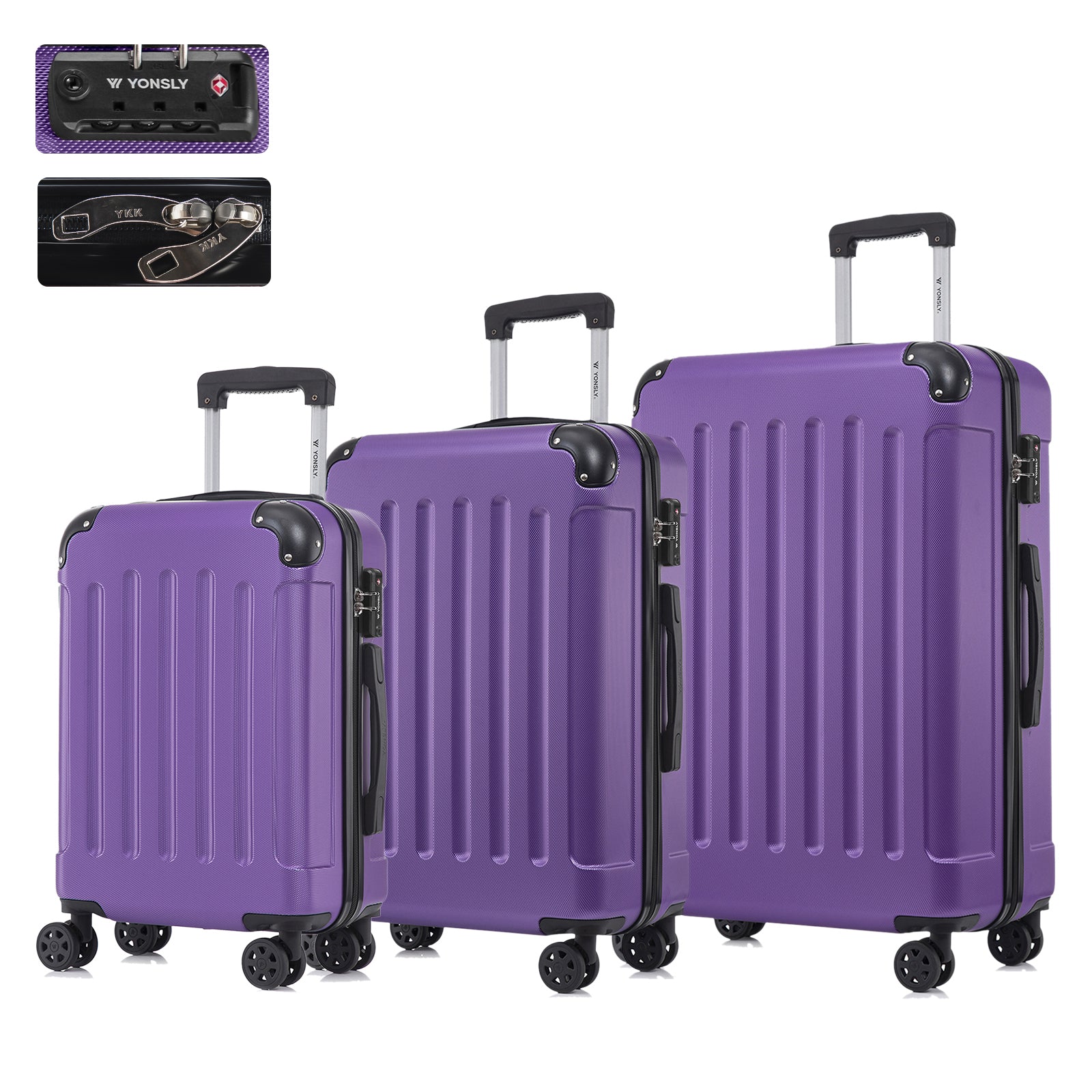 Hartschalen-Reisekoffer-Set mit TSA-Schloss, 3 Trolleys in Lila, 4 Rollen, Teleskopgriff