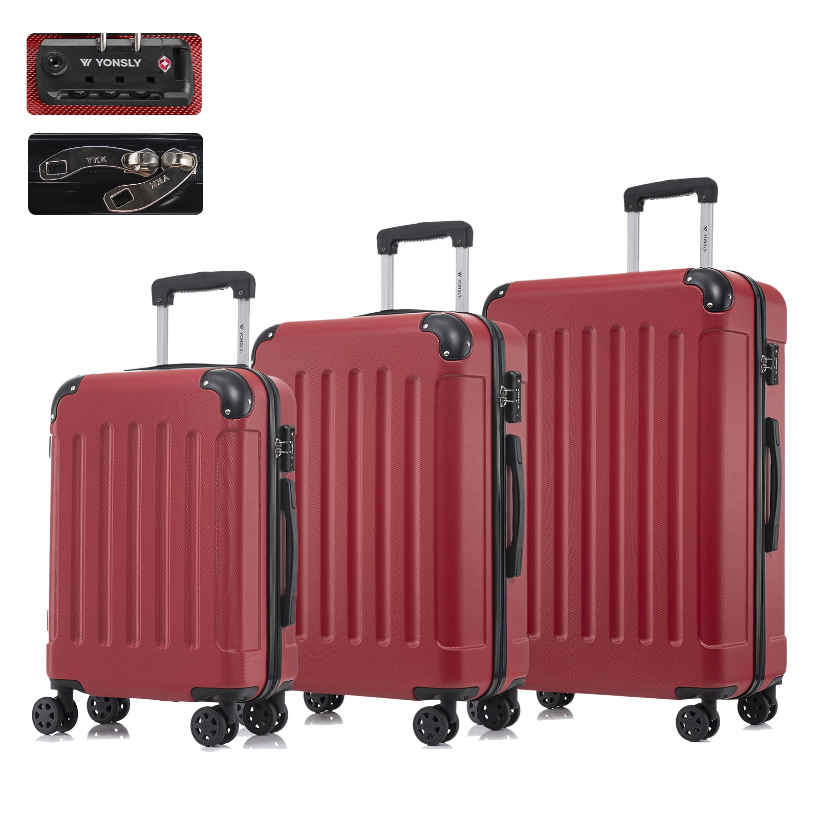 Hartschalen-Reisekoffer-Set mit TSA-Schloss, 3 Trolleys in Rot, 4 Rollen, Teleskopgriff