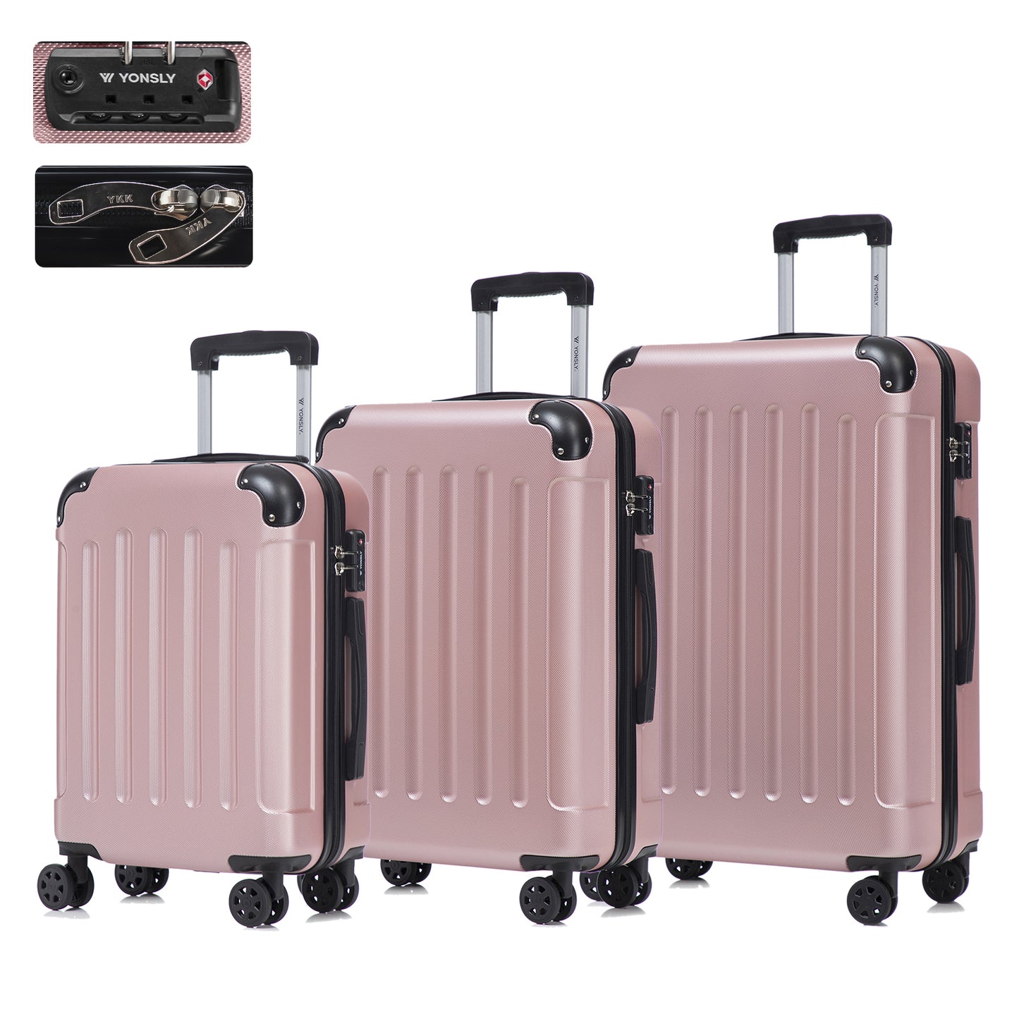 Hartschalen-Reisekoffer-Set mit TSA-Schloss, 3 Trolleys in Rosé, 4 Rollen, Teleskopgriff