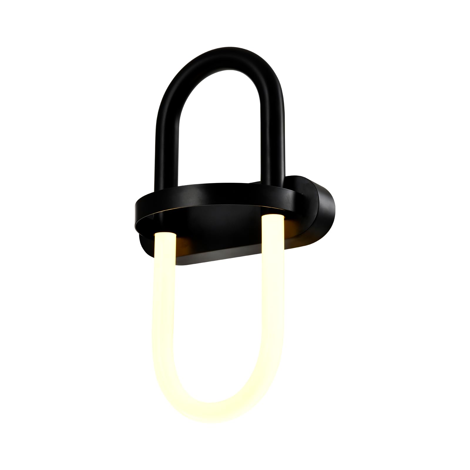 Mattschwarze Wandleuchte mit gebogenem Rahmen, ovalem Glas und warmem LED-Licht