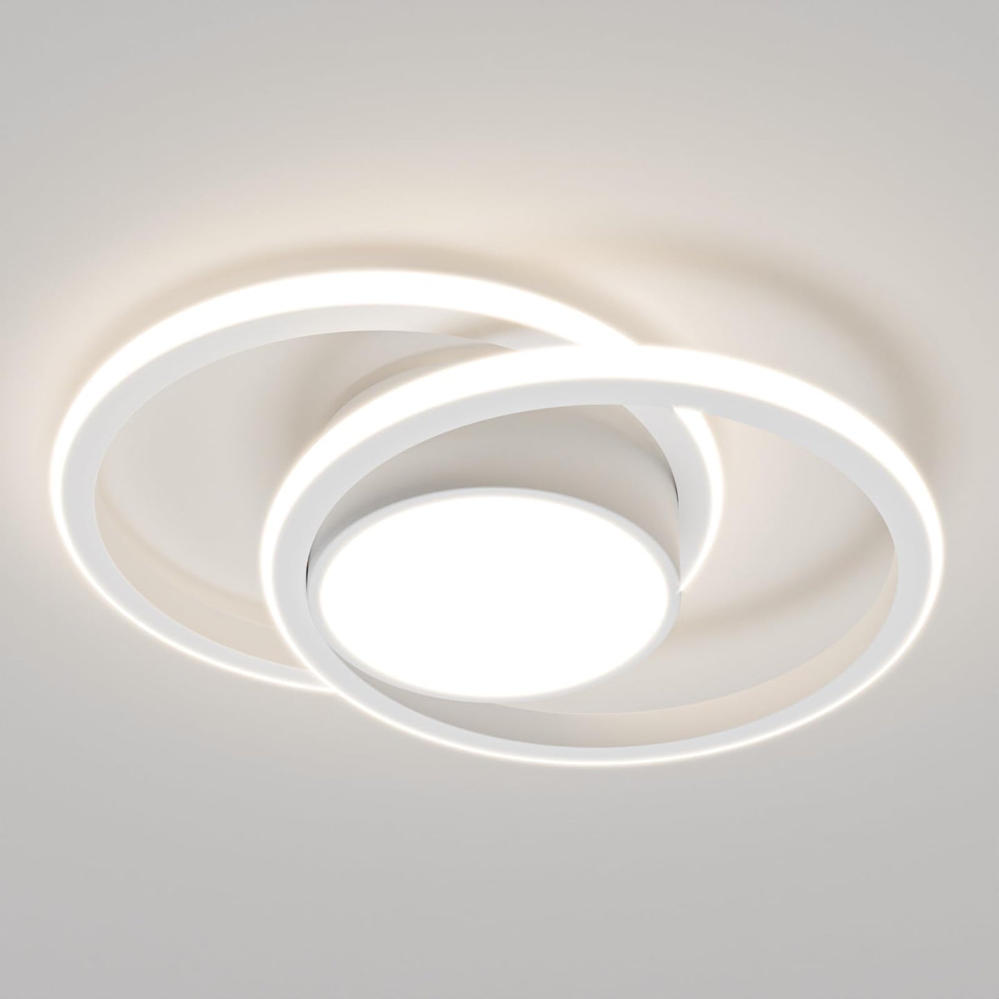 LED-Deckenleuchte mit zwei Ringen, weiß, hell leuchtender Innenkreis, runder Aufbau