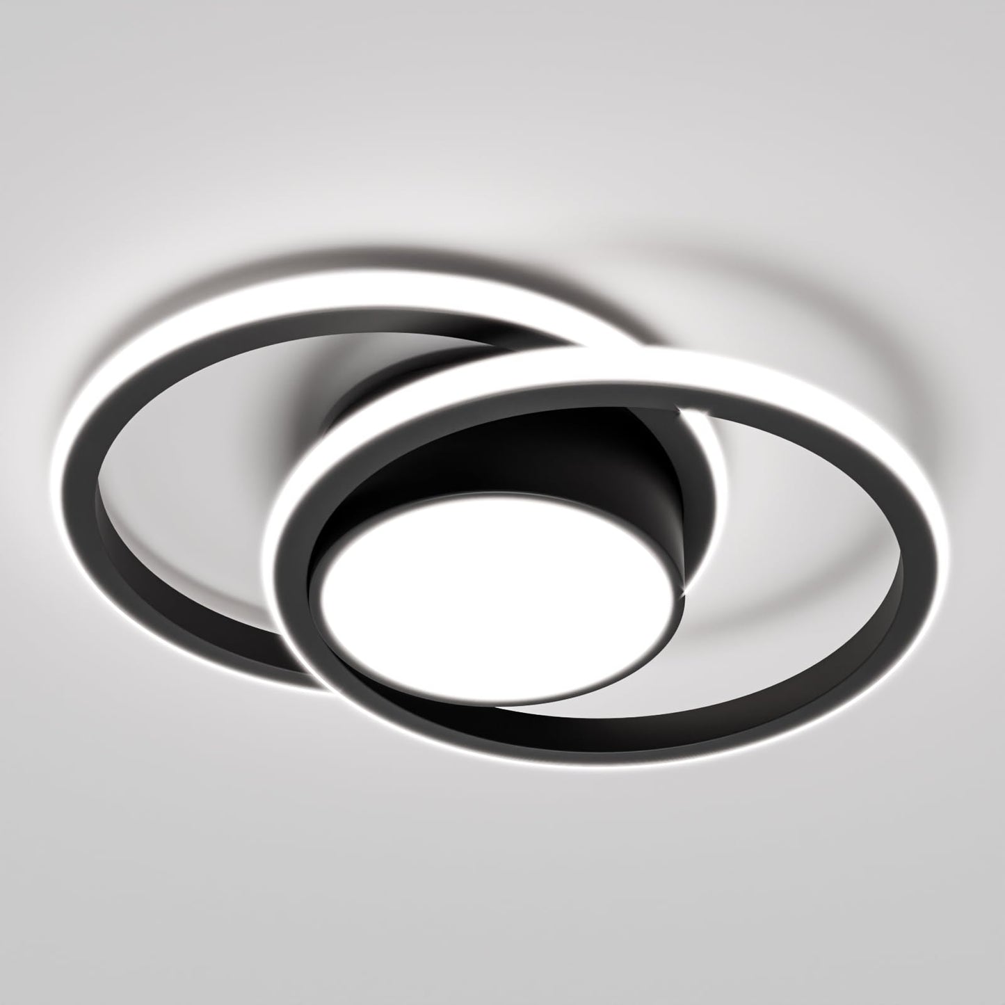LED-Deckenleuchte mit zwei Ringen, schwarz außen, weiß leuchtender Innenring, flach