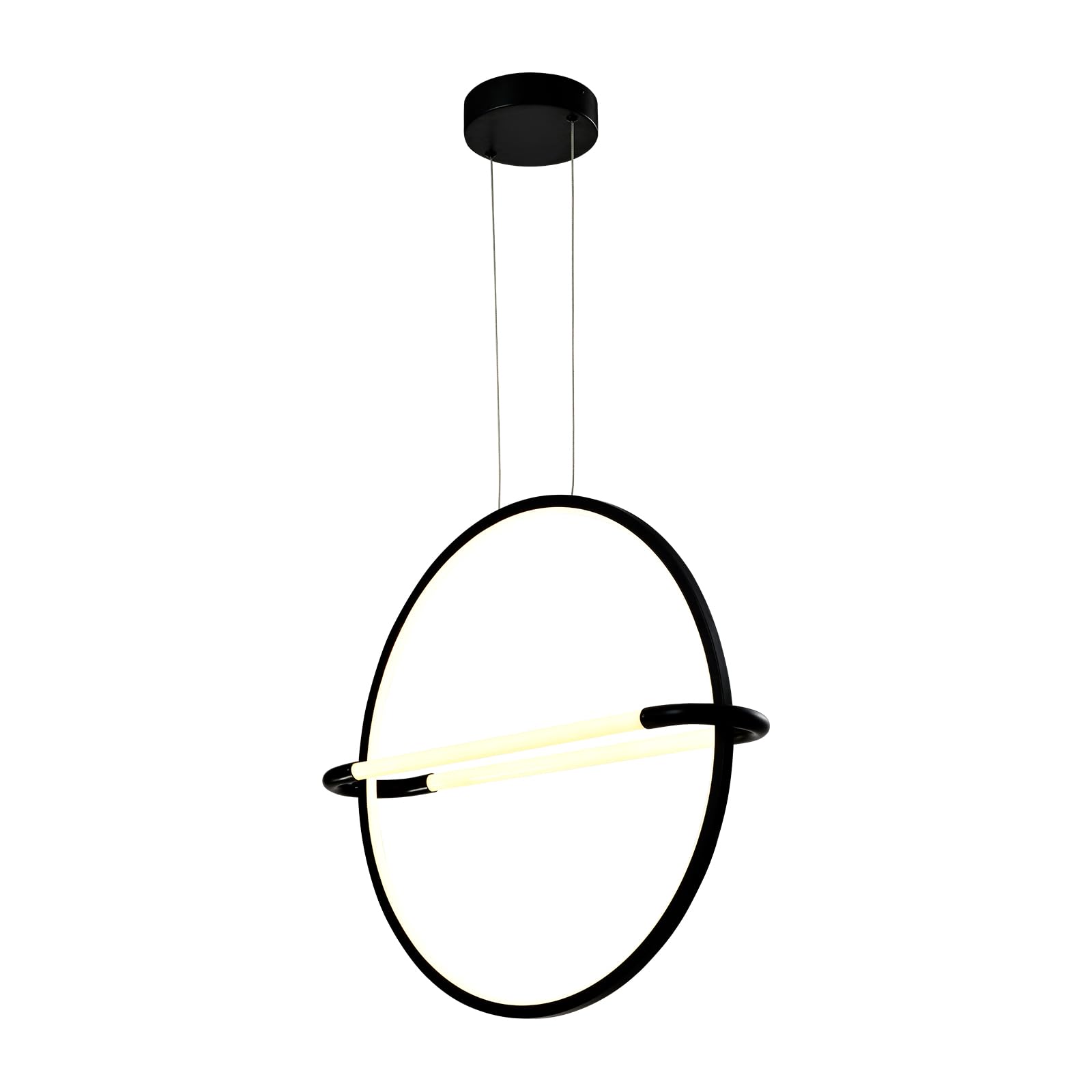 LED-Pendelleuchte mit mattschwarzem Ring und waagerechter Lichtleiste, runde Form