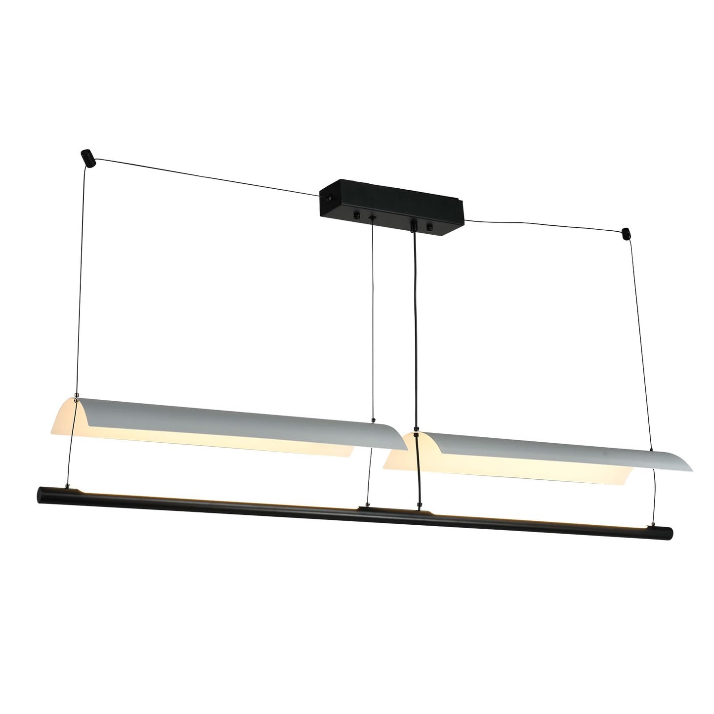 Pendelleuchte mit zwei langen LED-Leuchtbalken, beige Abdeckungen und schwarzem Gestell