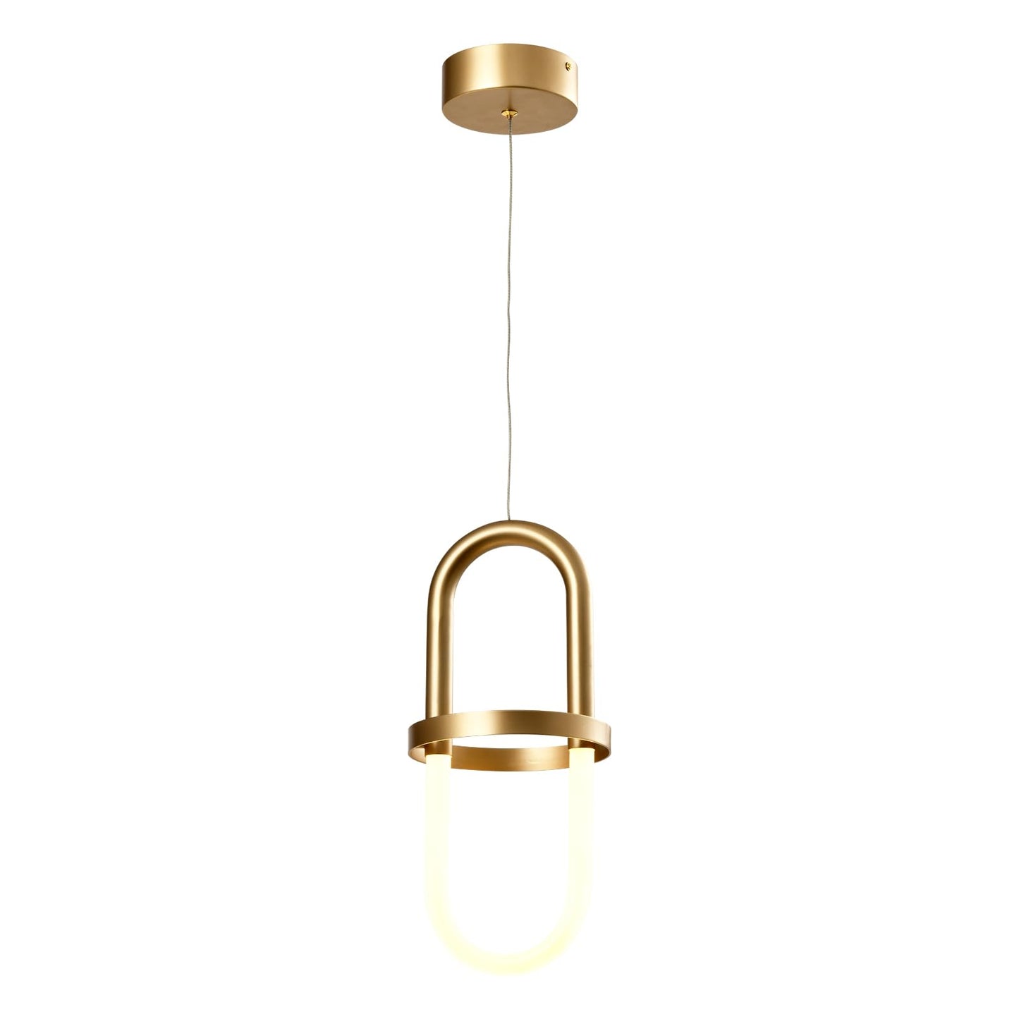 LED-Pendelleuchte mit goldfarbenem Metallbügel und rundem Deckenbaldachin