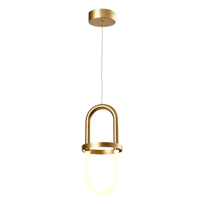 LED-Pendelleuchte mit goldfarbenem Metallbügel und rundem Deckenbaldachin