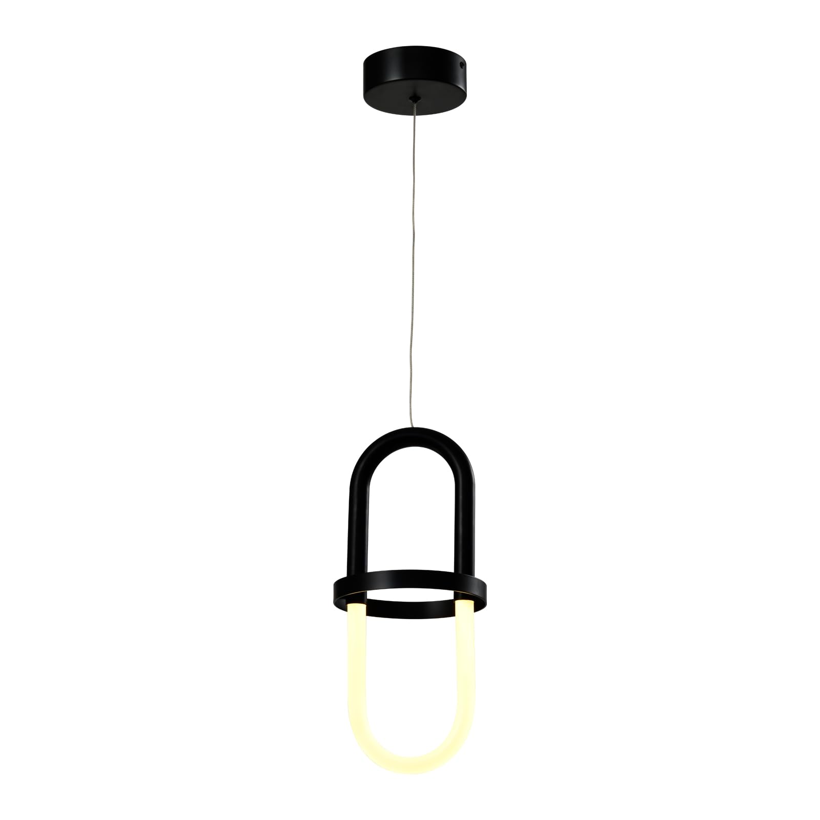 LED-Pendelleuchte mit mattschwarzem Metallrahmen und rundem Deckenbaldachin