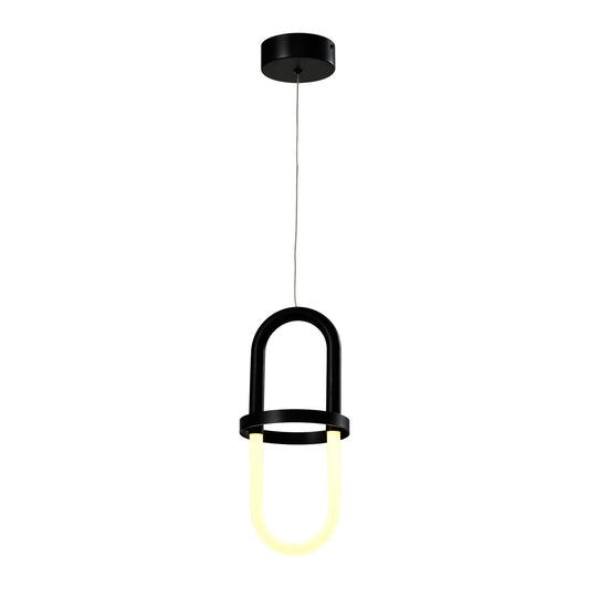 LED-Pendelleuchte mit mattschwarzem Metallrahmen und rundem Deckenbaldachin