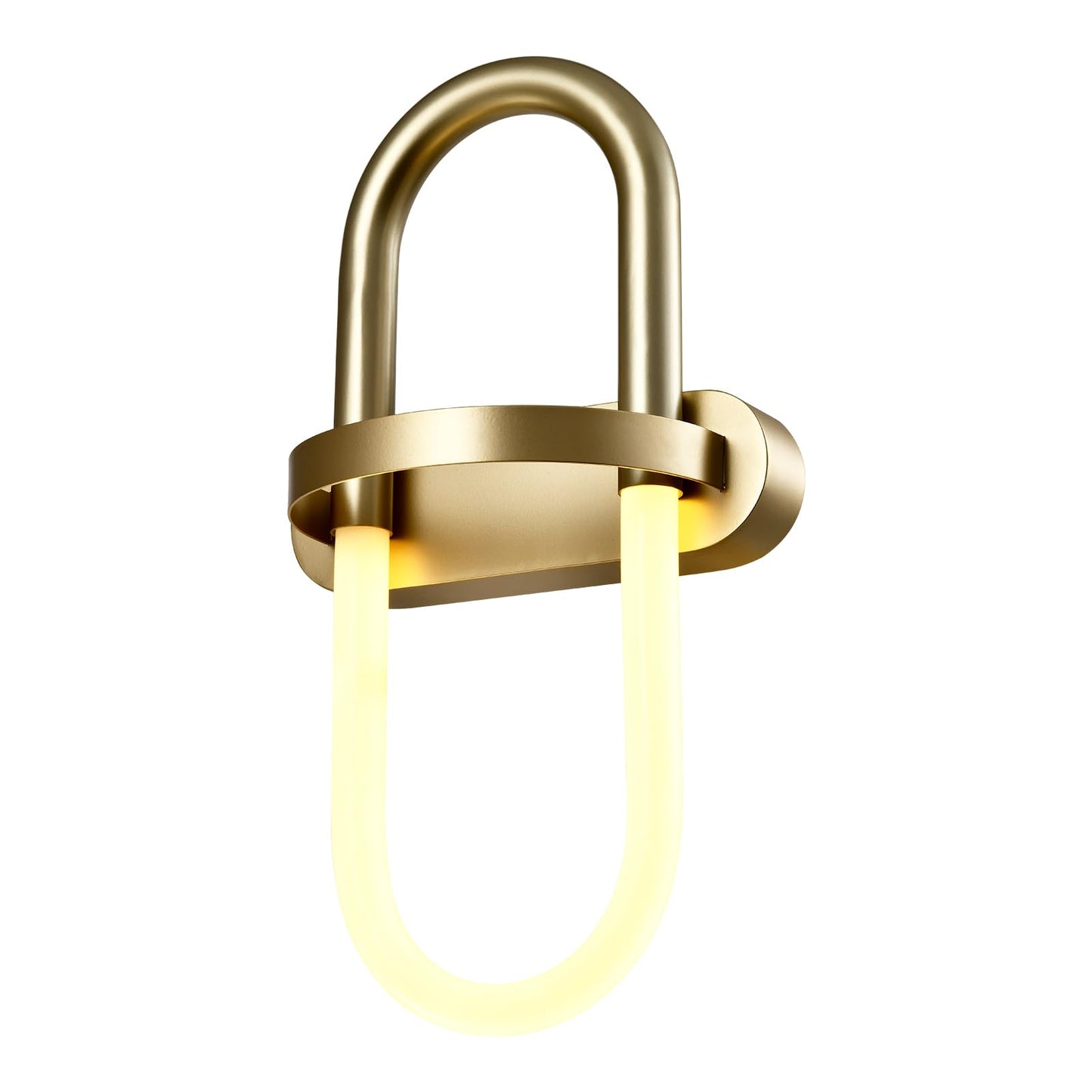 Goldene Wandleuchte mit gebogenem Rahmen, ovalem Glas und warmem LED-Licht