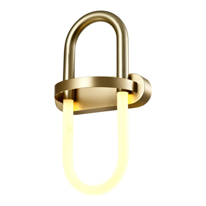 Goldene Wandleuchte mit gebogenem Rahmen, ovalem Glas und warmem LED-Licht