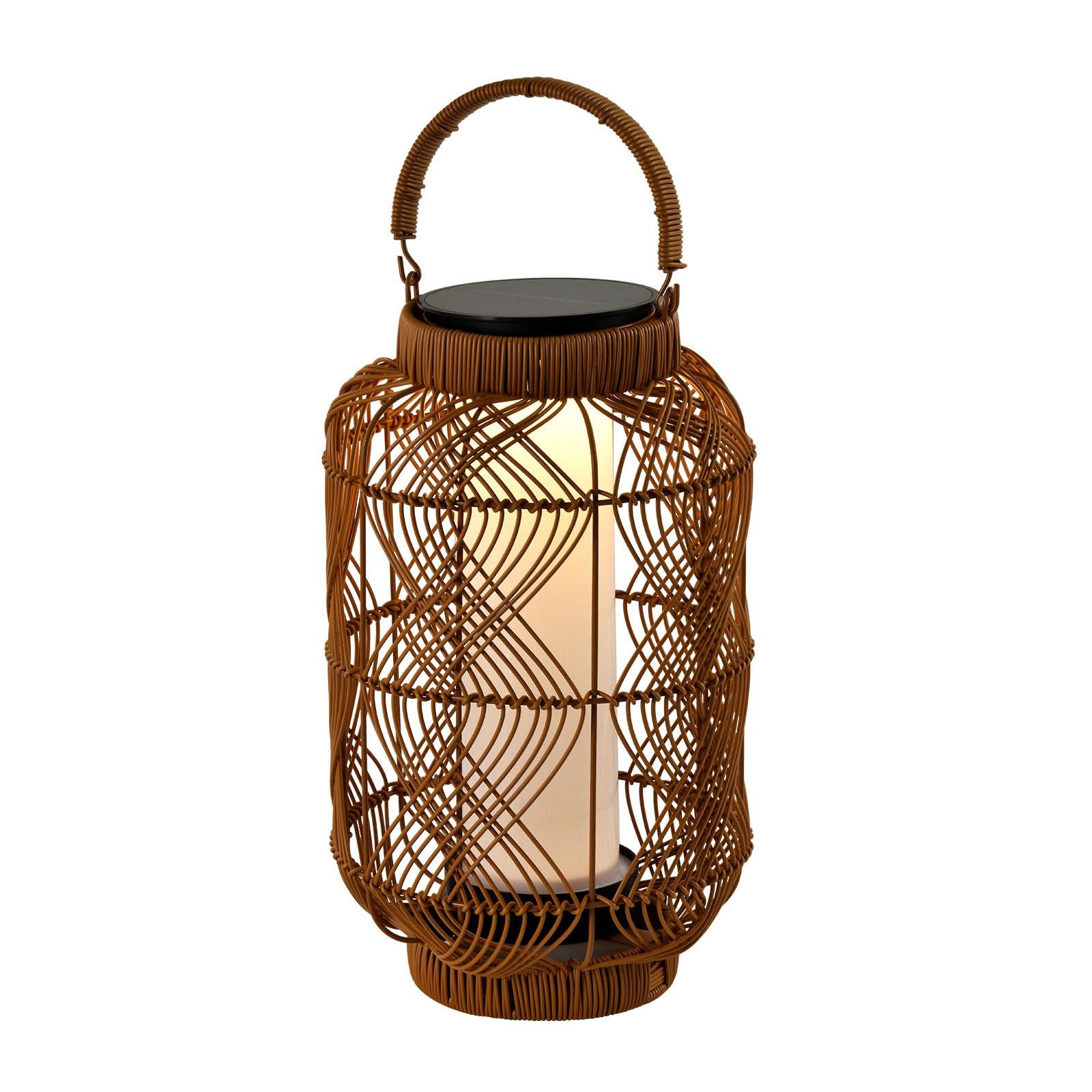 Rattan-Solarlaterne für den Außenbereich mit Tragegriff und schwarzem Deckel